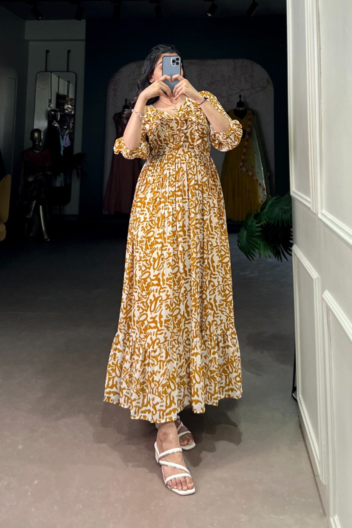 Golden Abstract Script Tiered Dress