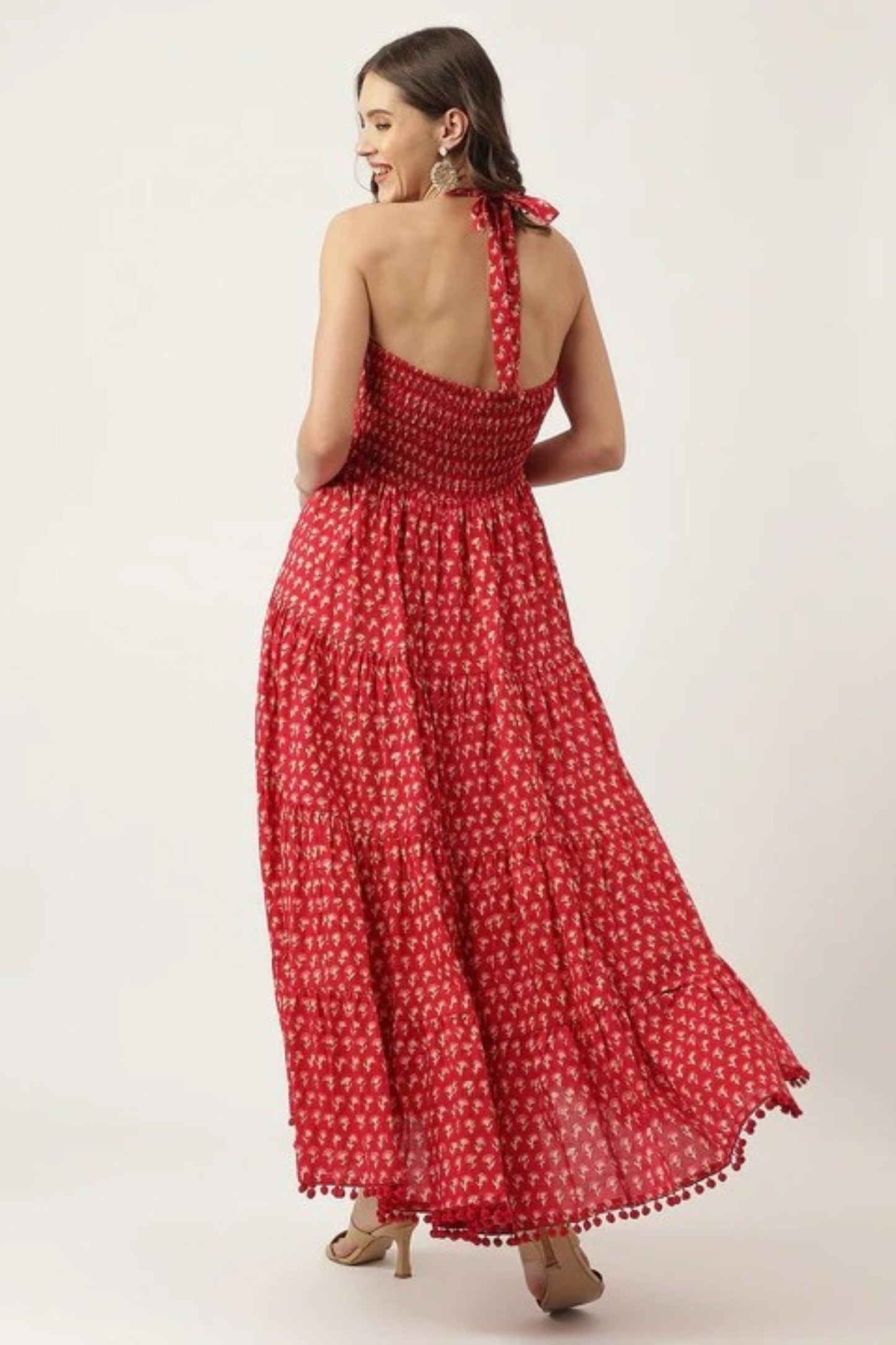 Coral Foliage Pom-Trim Strappy Dress