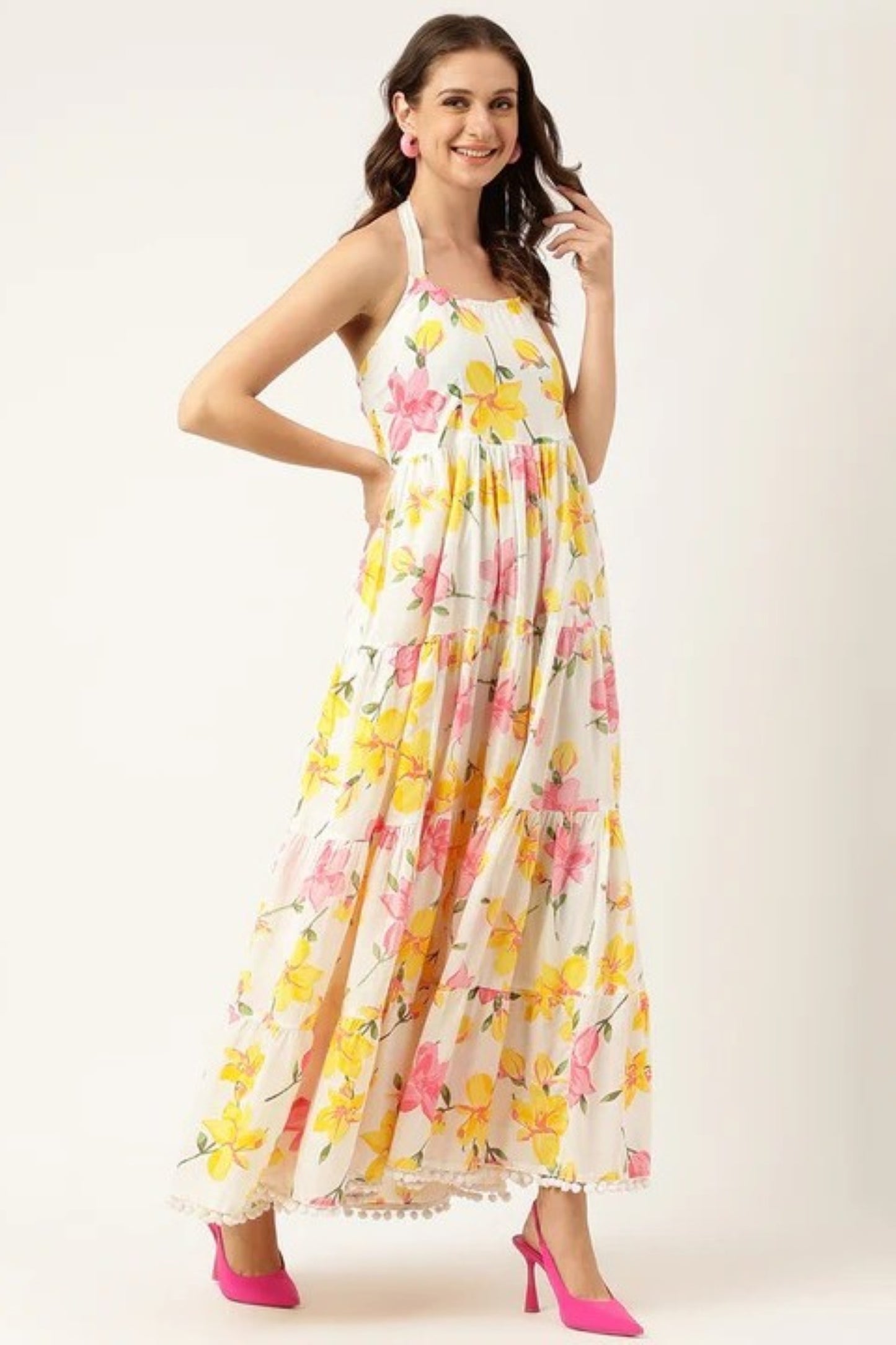 Sunshine Bloom Tiered Halter Maxi Dress