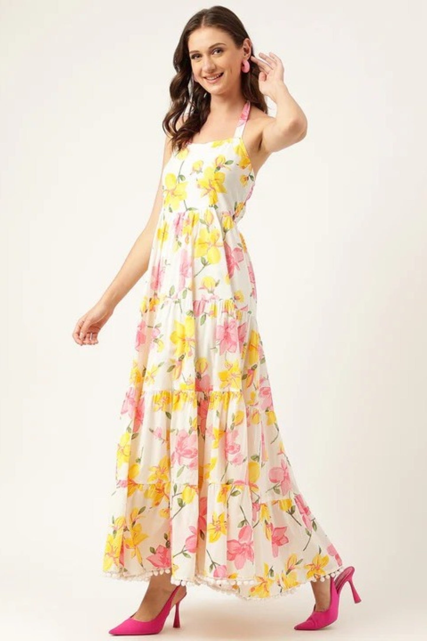 Sunshine Bloom Tiered Halter Maxi Dress