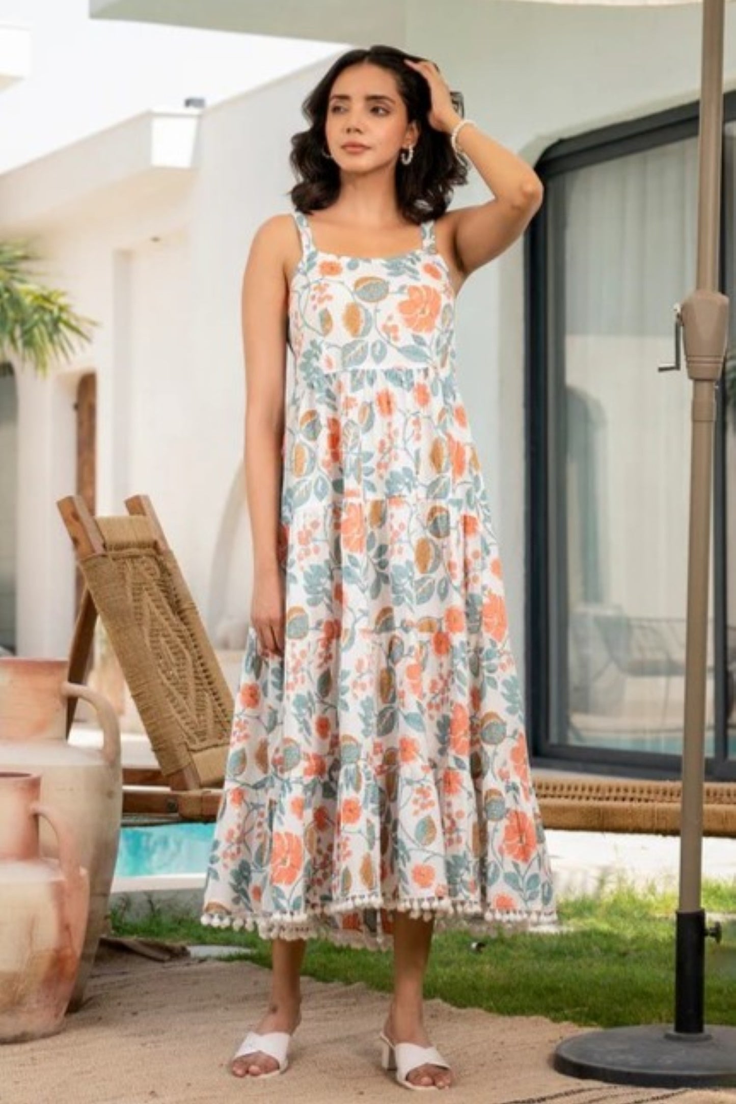 Peach Botanical Pom-Edge Spaghetti Strap Maxi