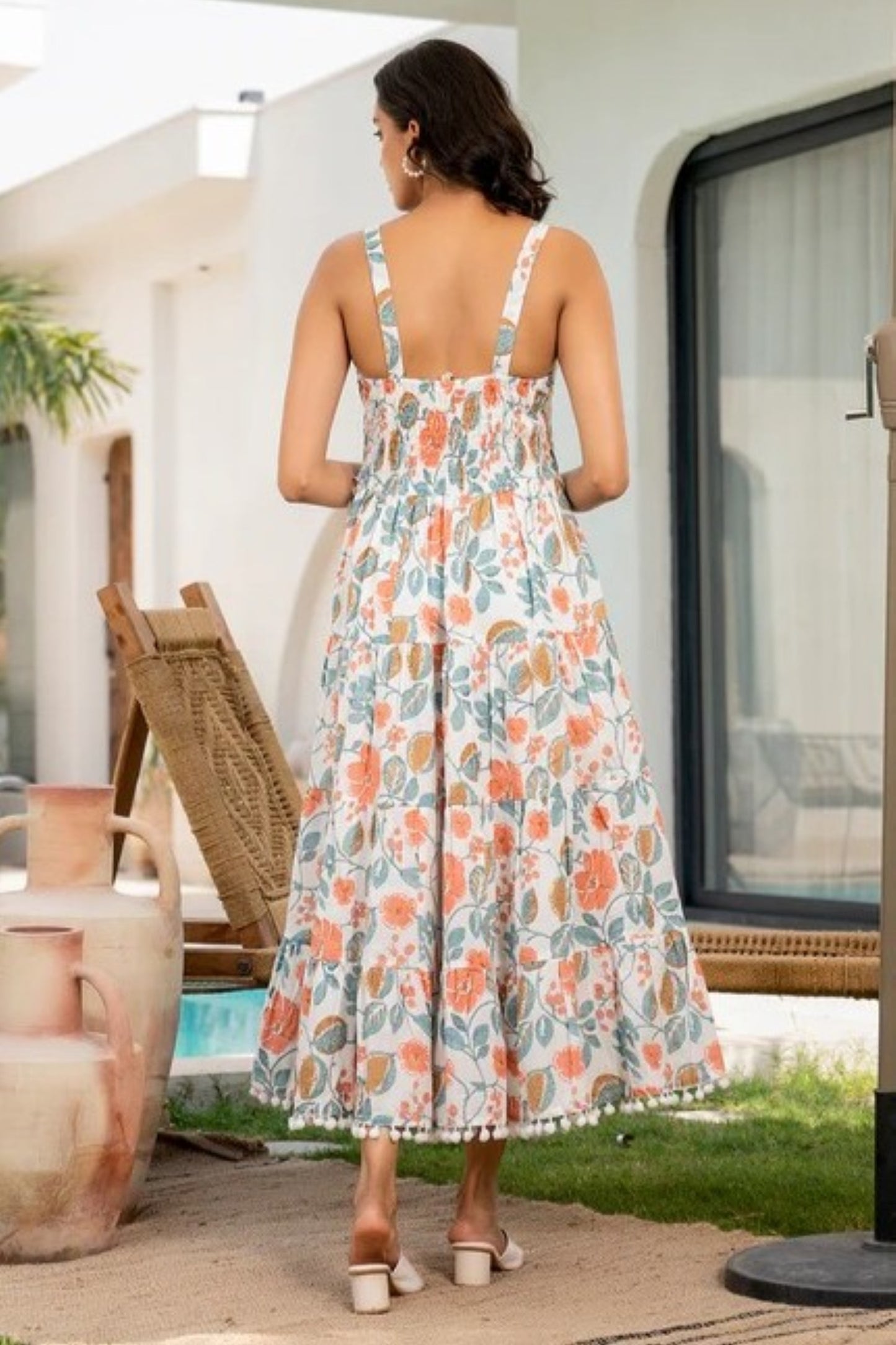 Peach Botanical Pom-Edge Spaghetti Strap Maxi