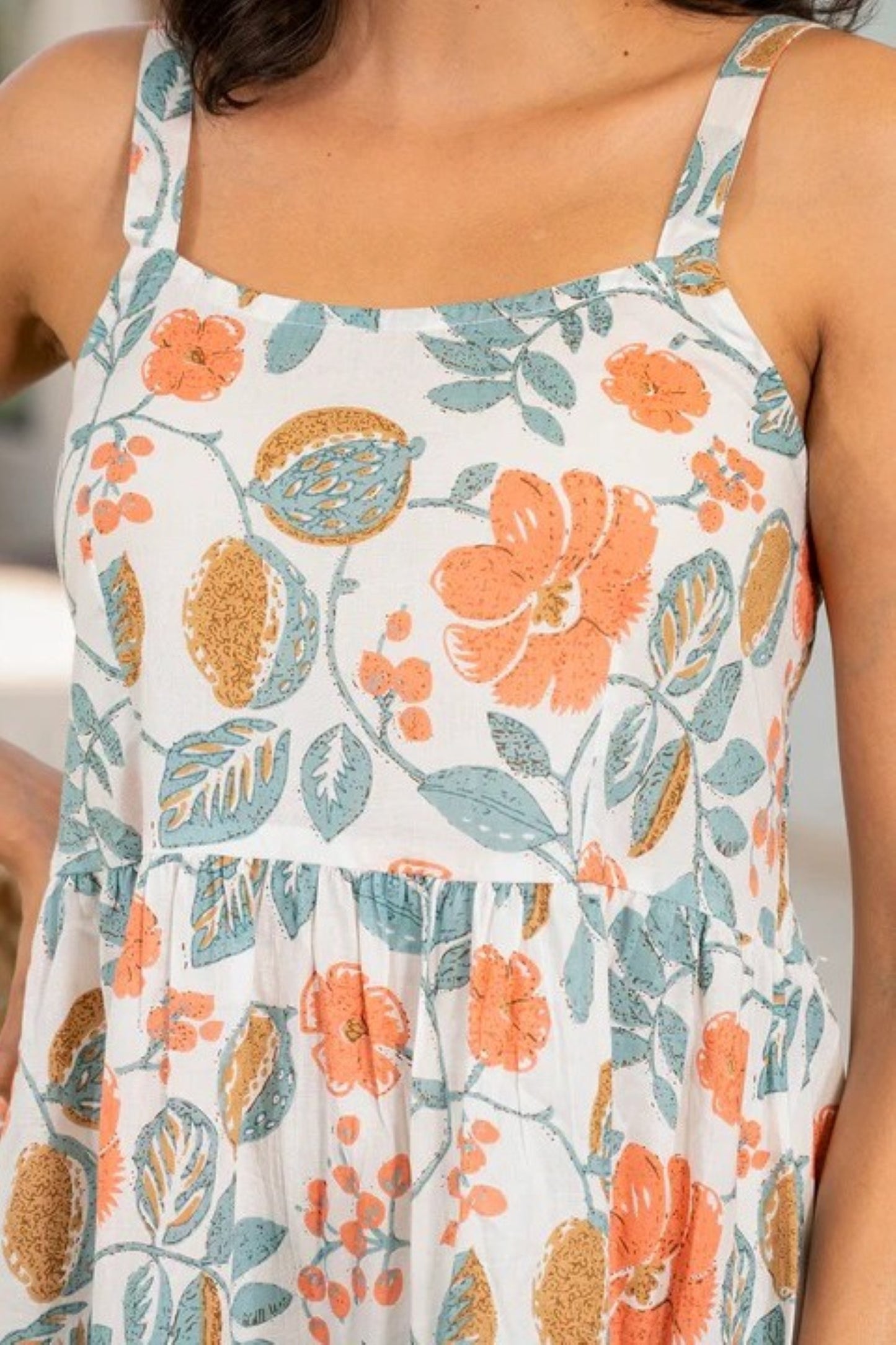 Peach Botanical Pom-Edge Spaghetti Strap Maxi