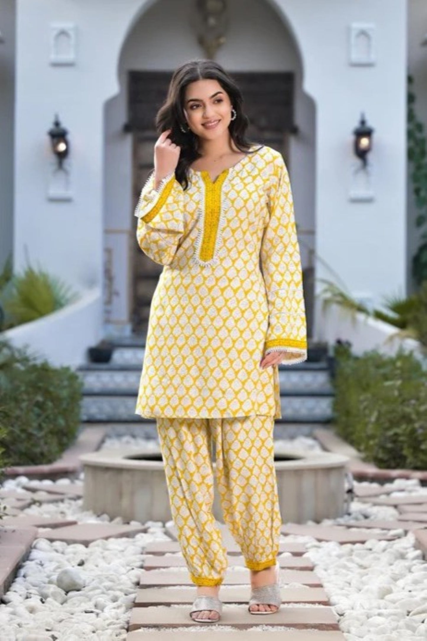 Lemon Trellis Cotton Salwar Kameez Co-ord