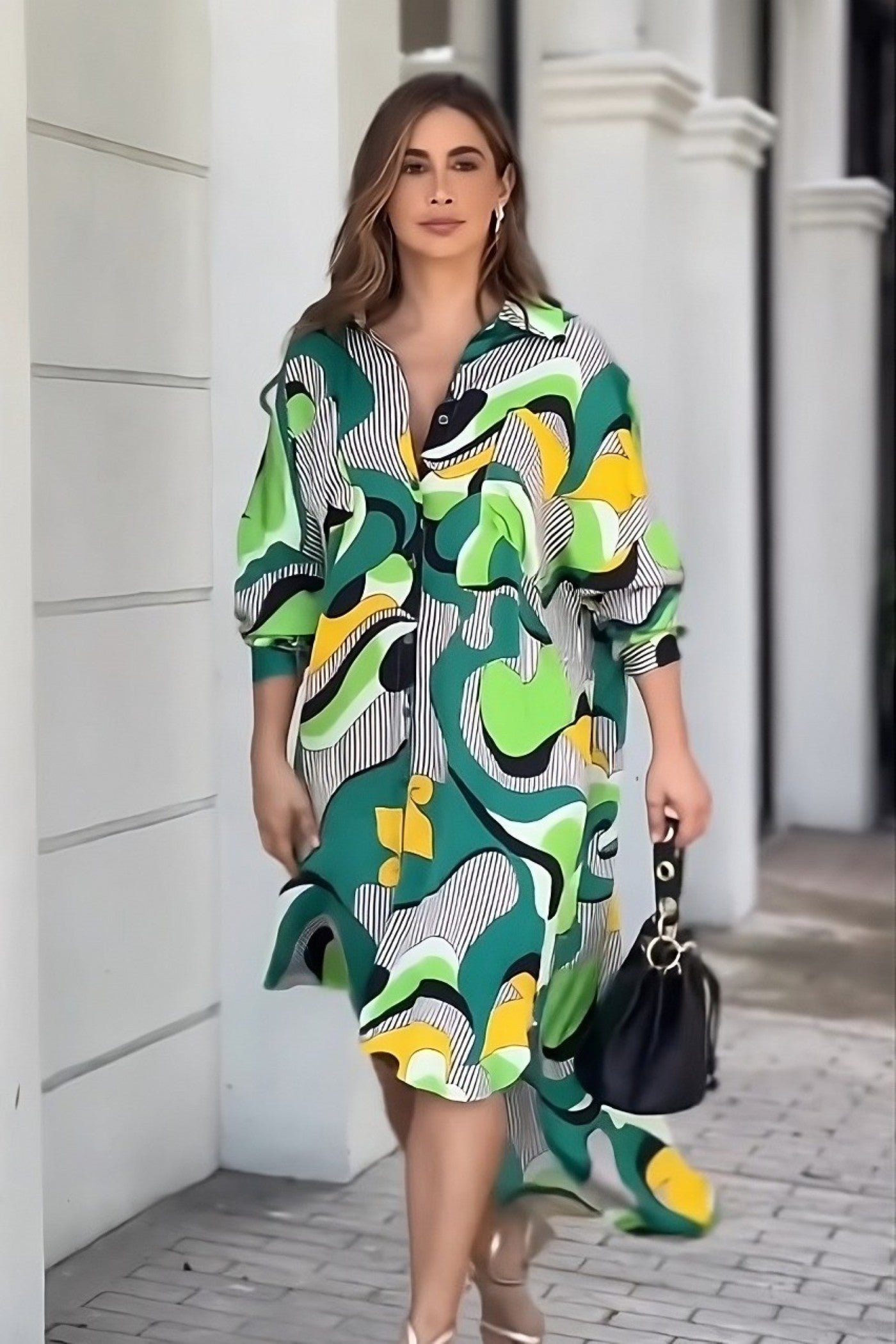Abstract Geometric Print Shirt Dress in Forest Green