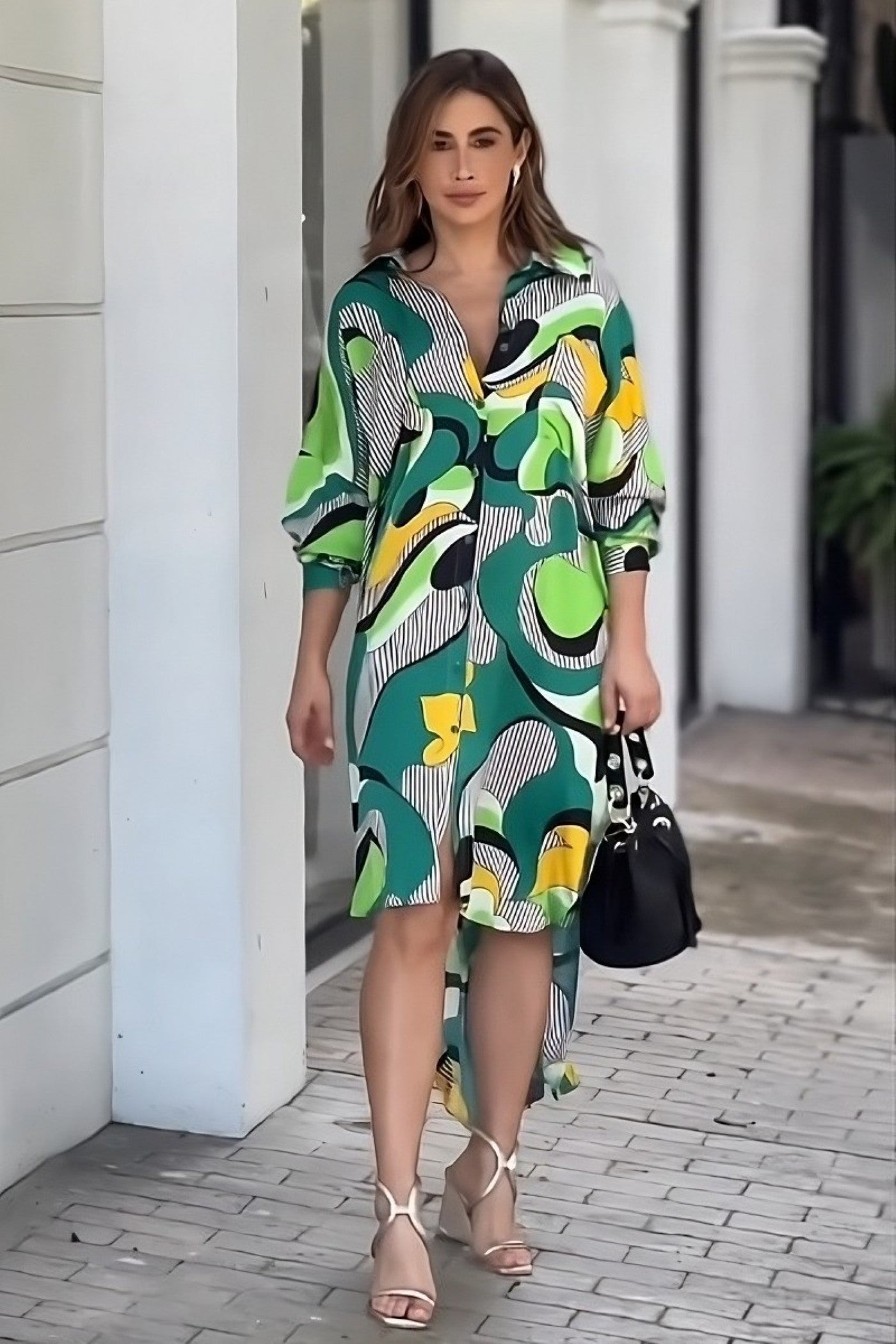 Abstract Geometric Print Shirt Dress in Forest Green