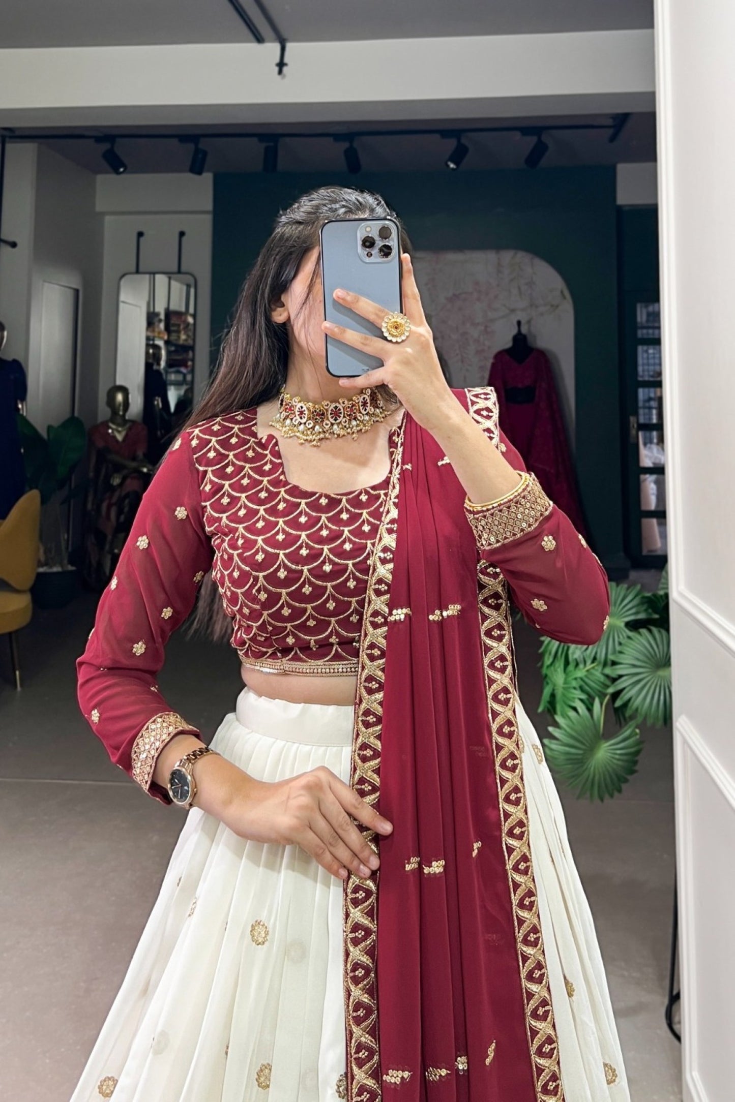 Royal Maroon & Ivory Elephant Procession Lehenga