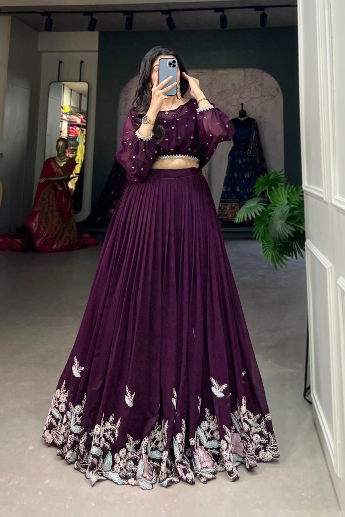 Royal Plum Pearl-Studded Crop Top Pleated Lehenga