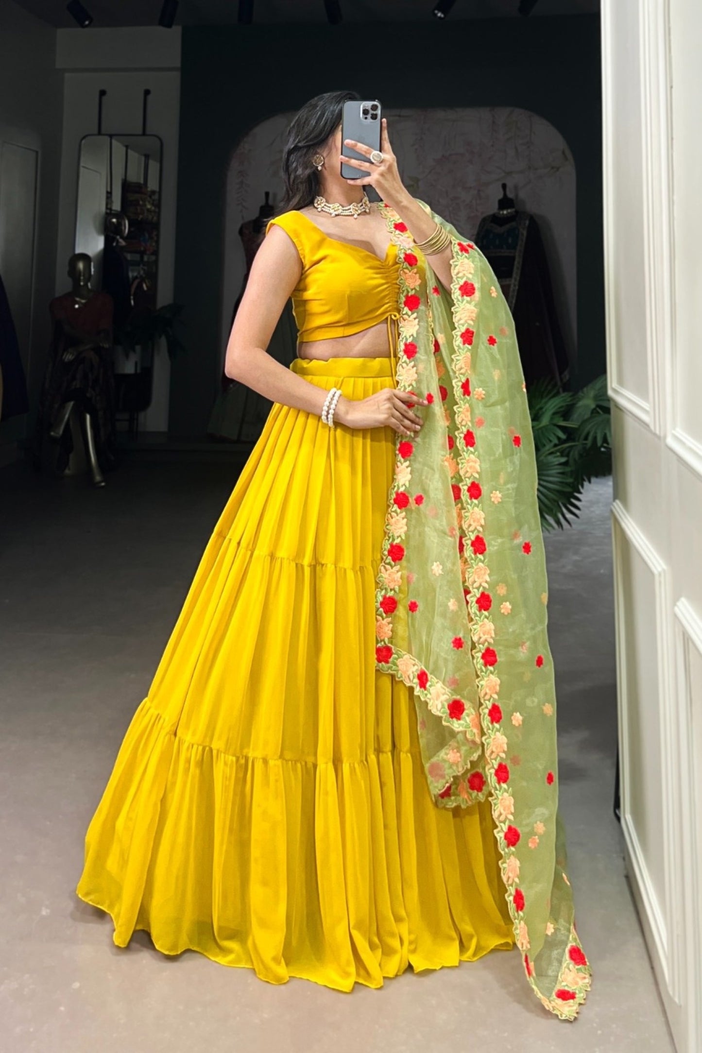 Canary Yellow Gathered Skirt with Rose-Embellished Lehenga