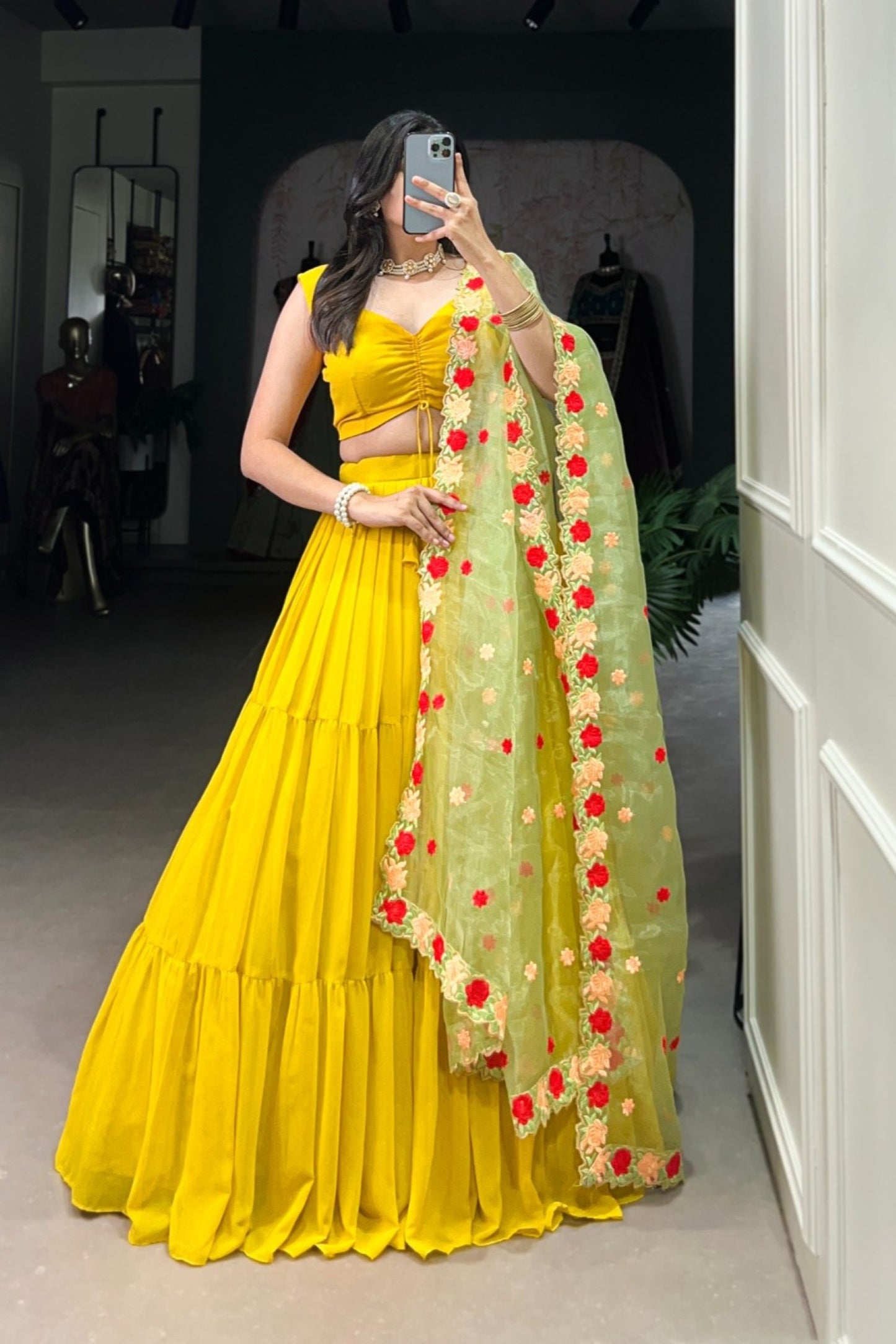 Canary Yellow Gathered Skirt with Rose-Embellished Lehenga