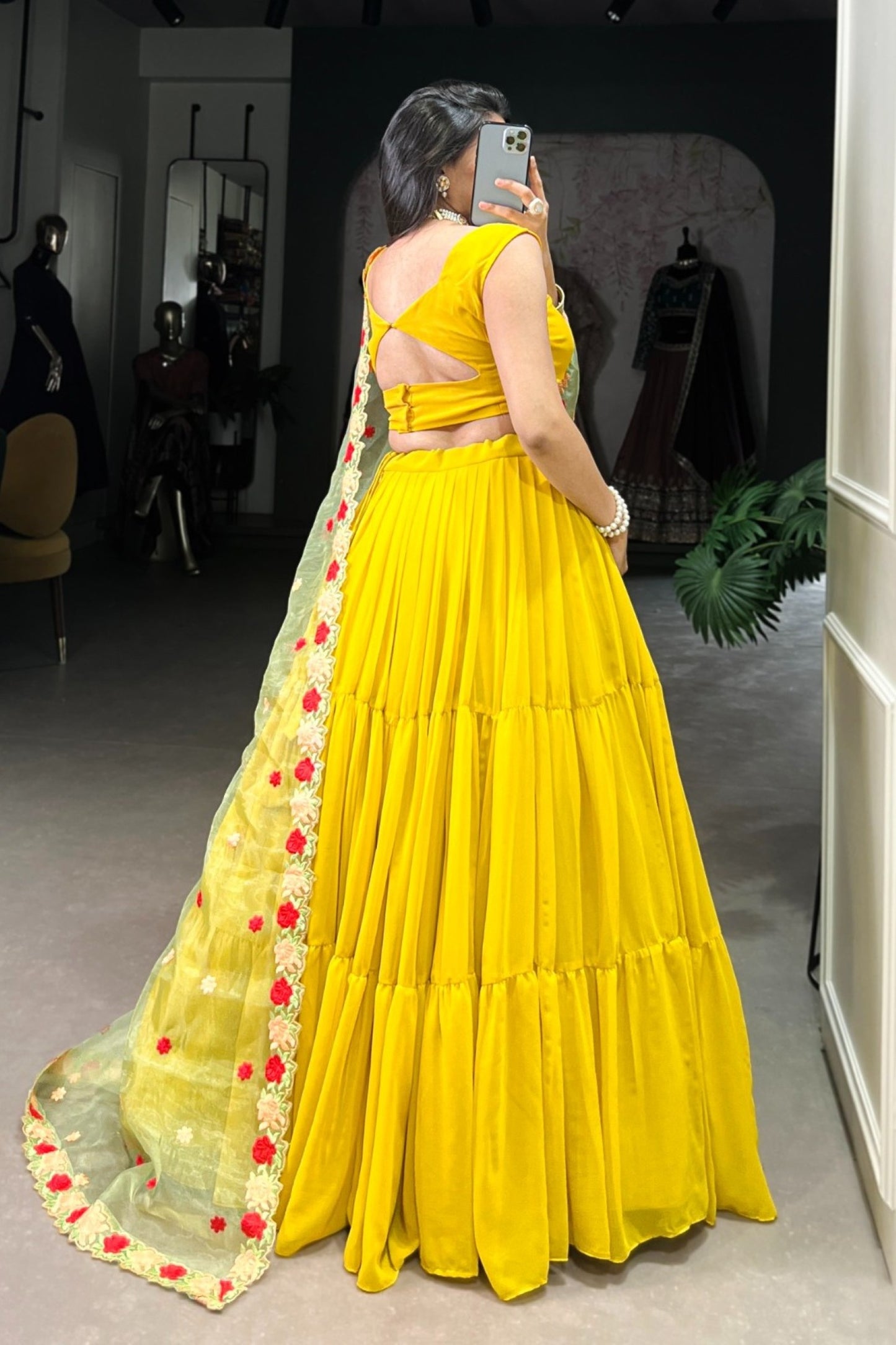 Canary Yellow Gathered Skirt with Rose-Embellished Lehenga