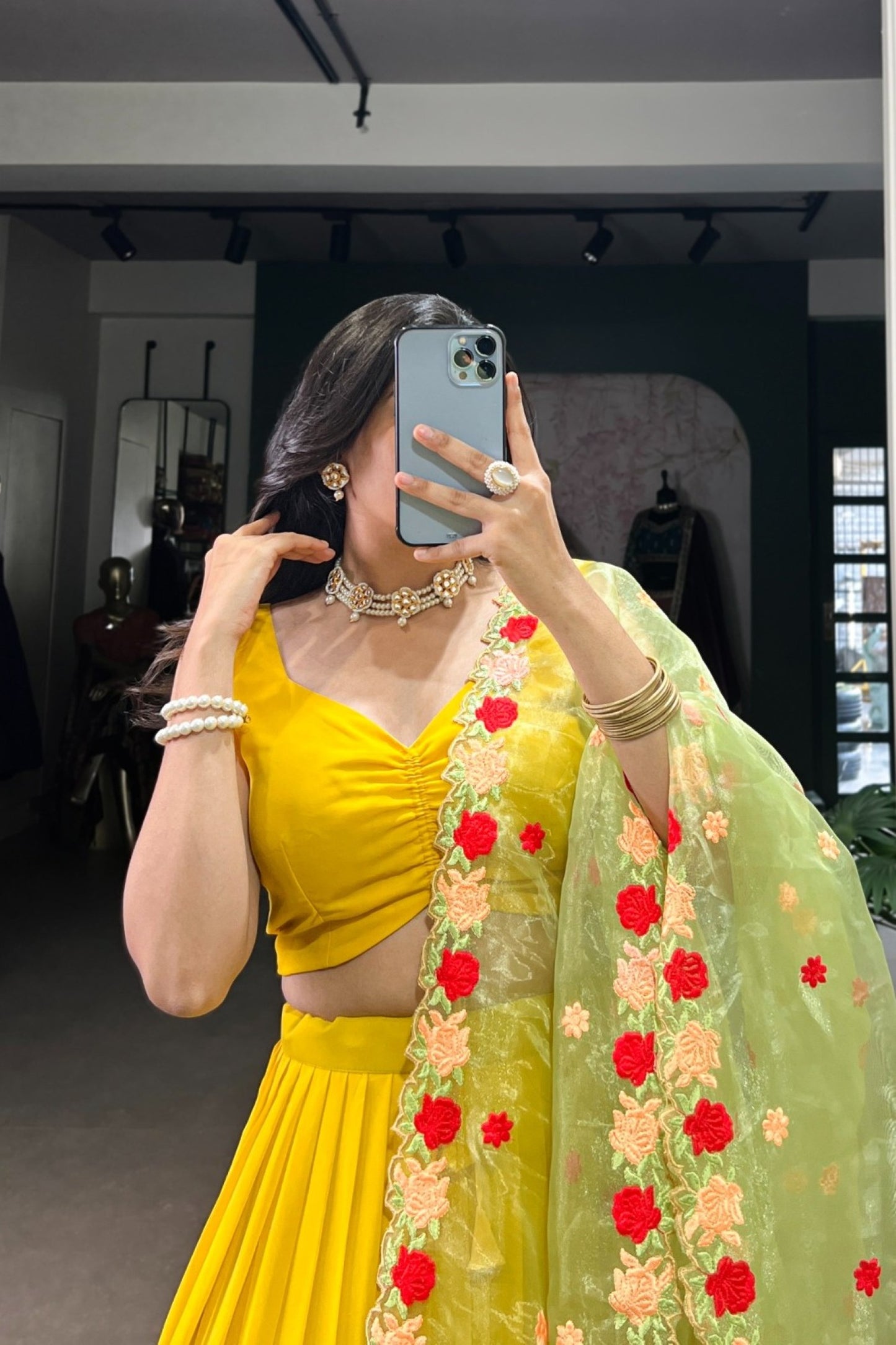 Canary Yellow Gathered Skirt with Rose-Embellished Lehenga