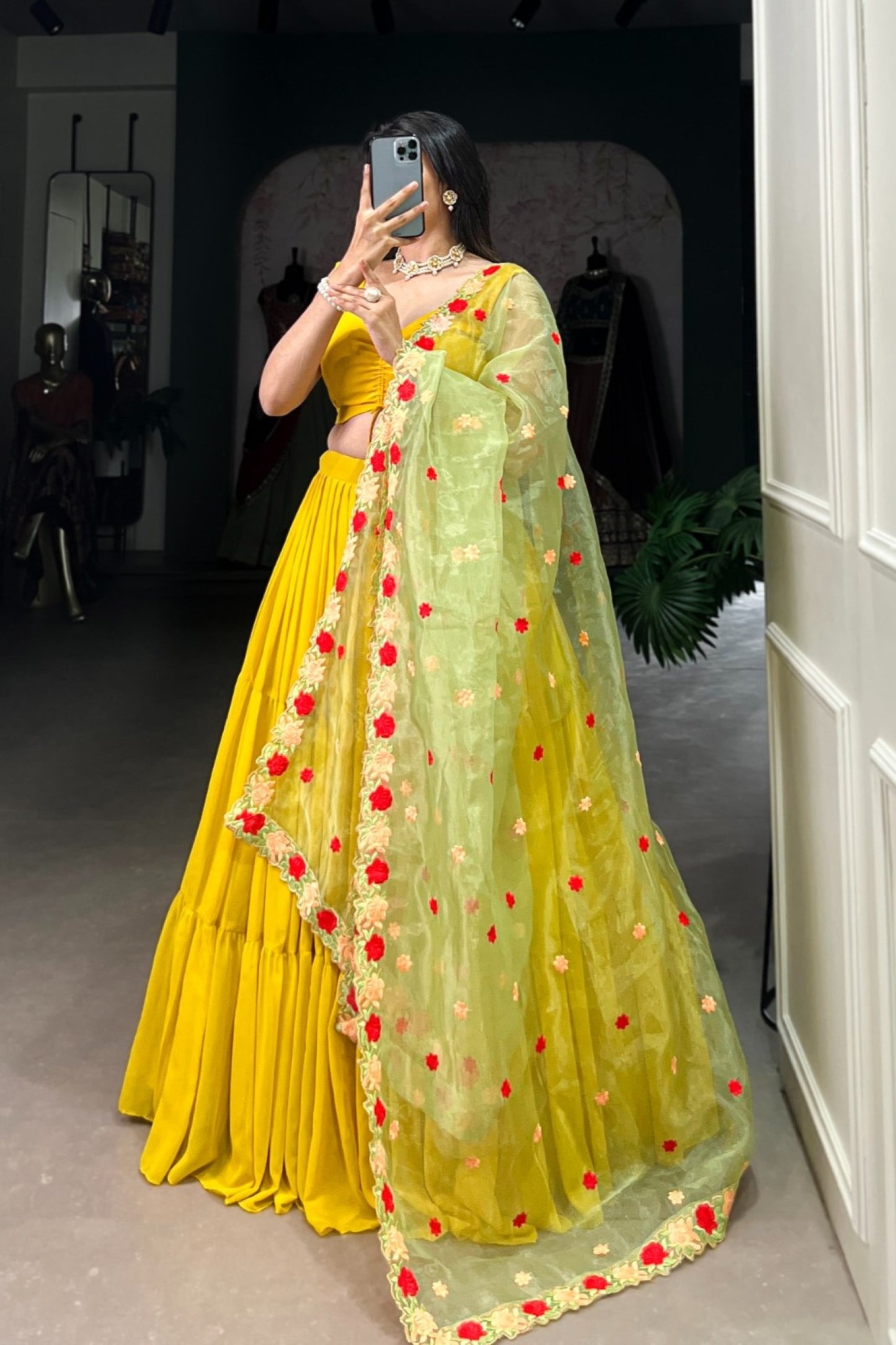 Canary Yellow Gathered Skirt with Rose-Embellished Lehenga
