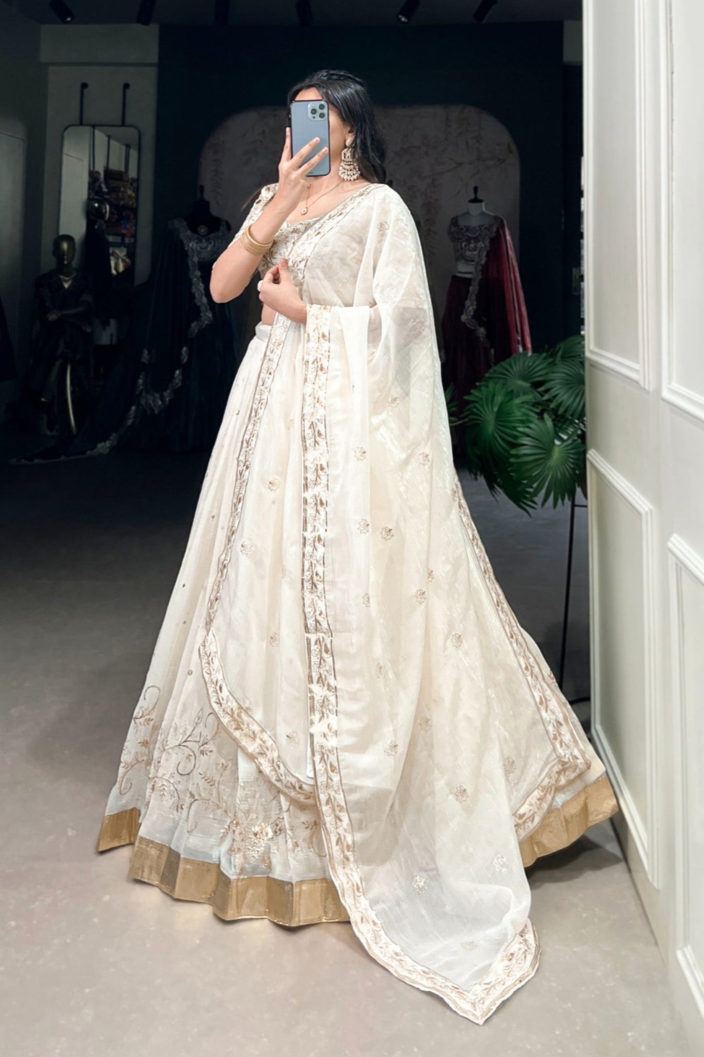 Ivory Pearl Embroidered Heritage Lehenga with Gold Border