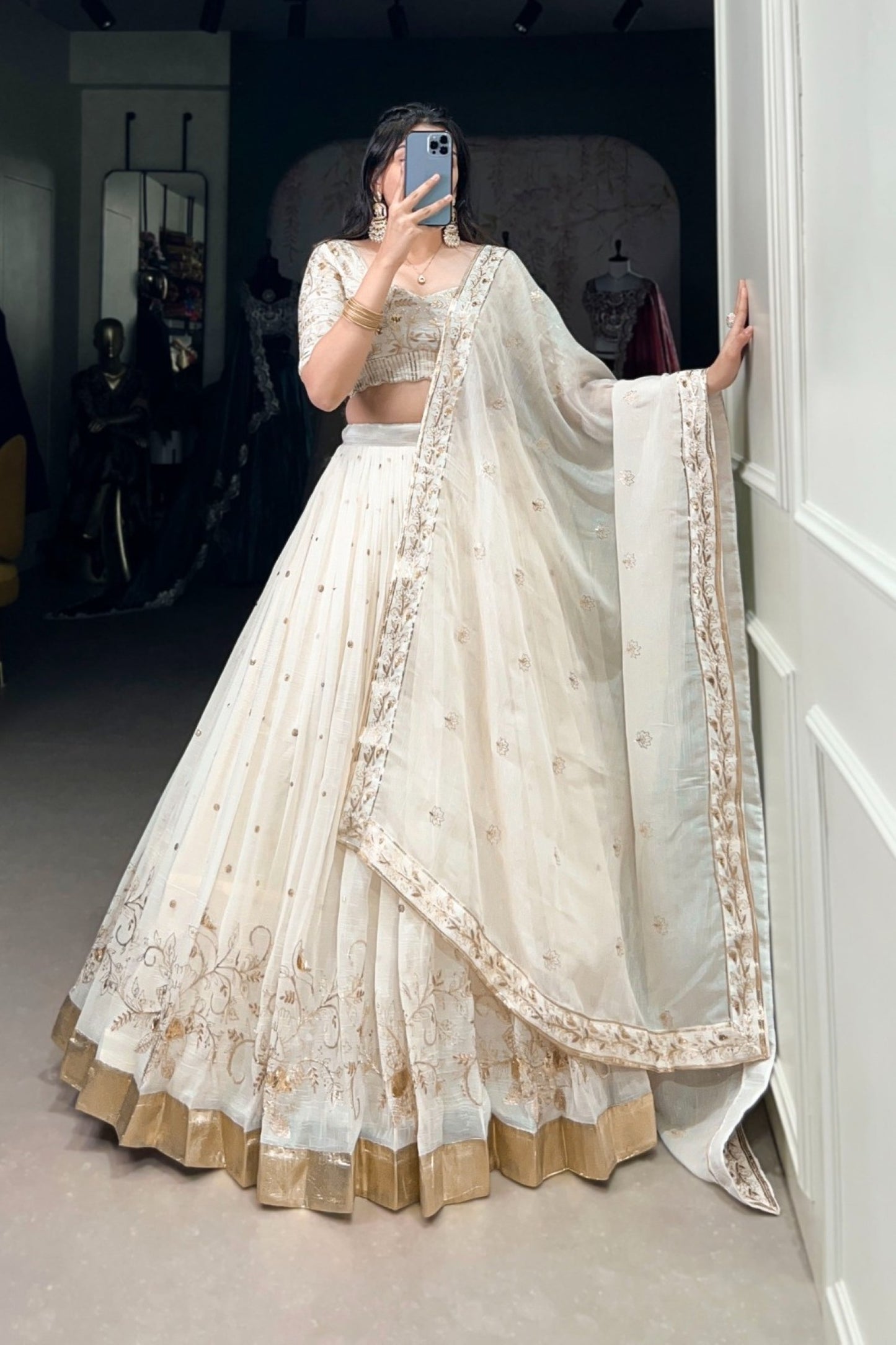 Ivory Pearl Embroidered Heritage Lehenga with Gold Border