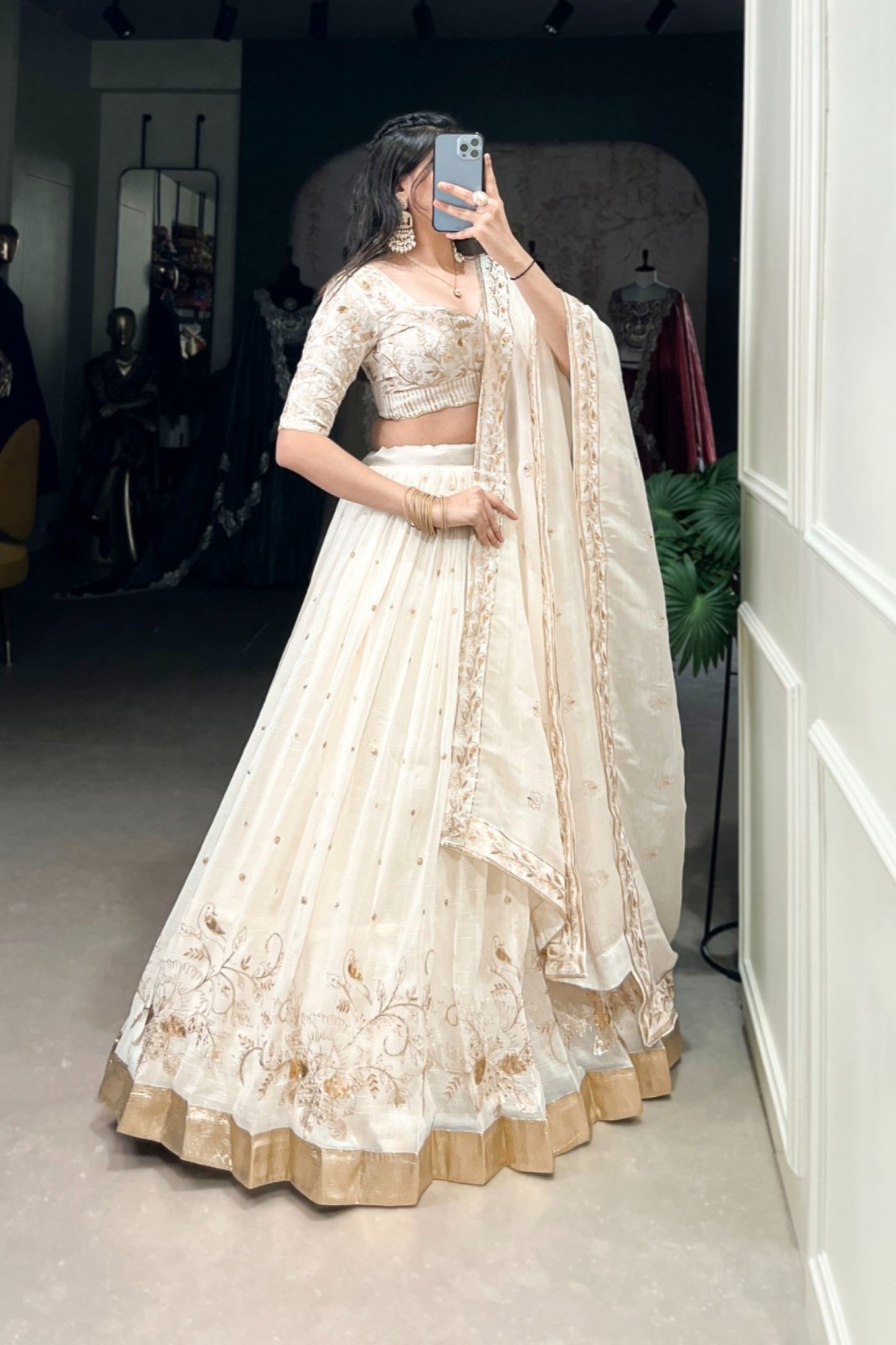 Ivory Pearl Embroidered Heritage Lehenga with Gold Border