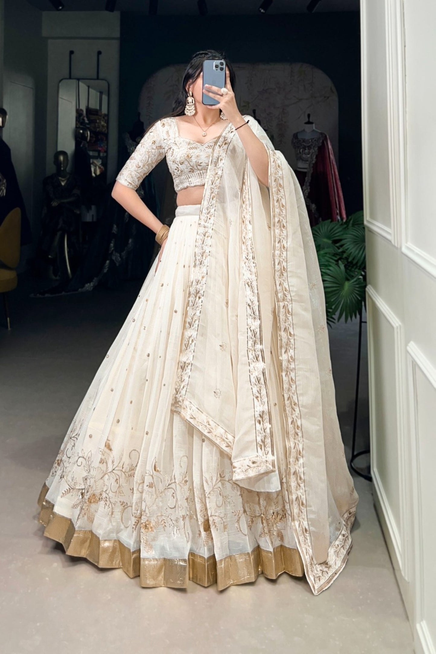 Ivory Pearl Embroidered Heritage Lehenga with Gold Border