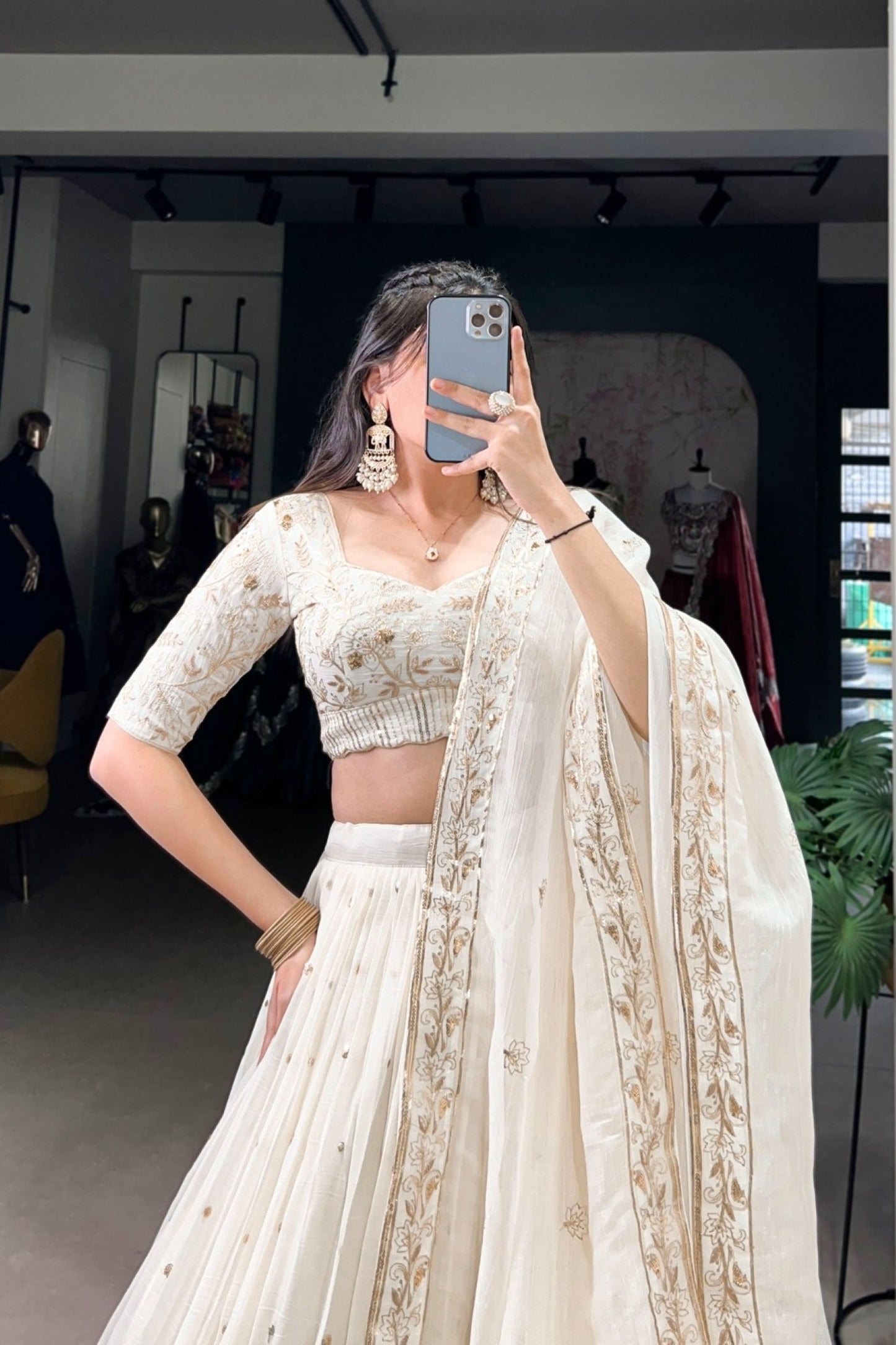 Ivory Pearl Embroidered Heritage Lehenga with Gold Border