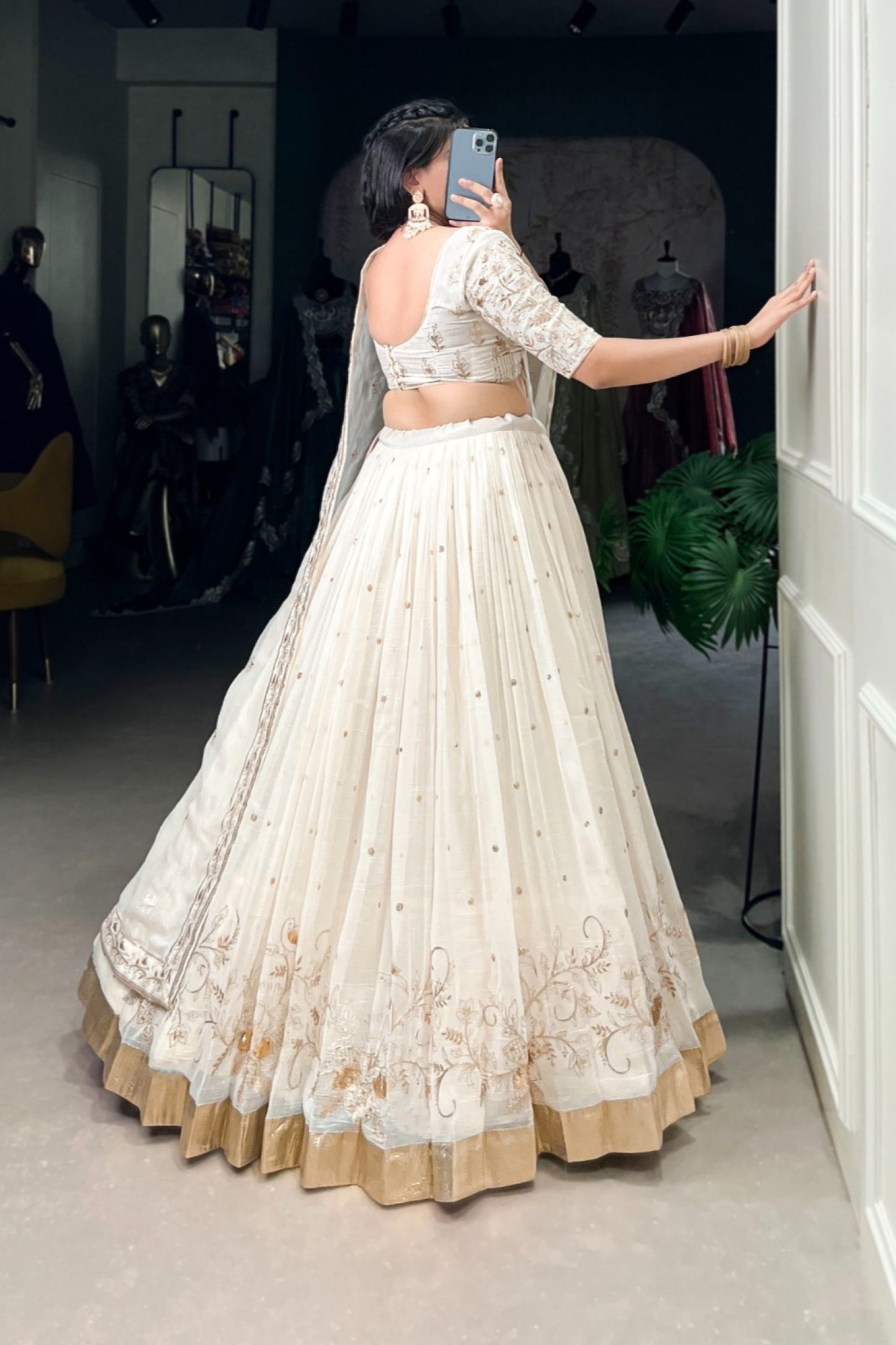 Ivory Pearl Embroidered Heritage Lehenga with Gold Border