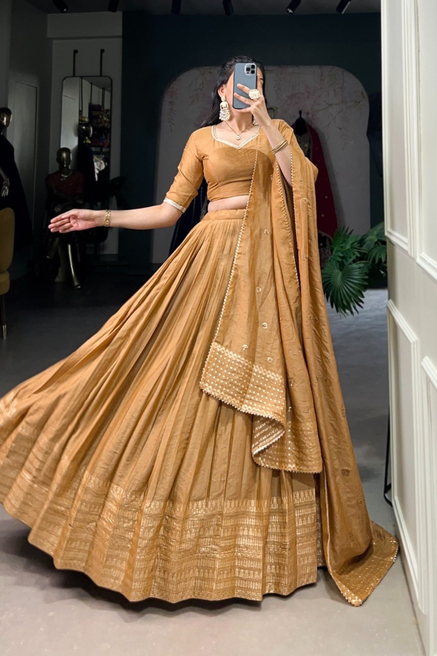 Caramel Gold Shimmer Border Pleated Lehenga Set