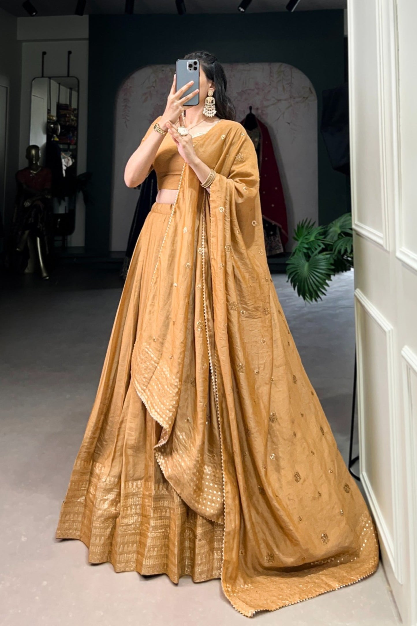 Caramel Gold Shimmer Border Pleated Lehenga Set