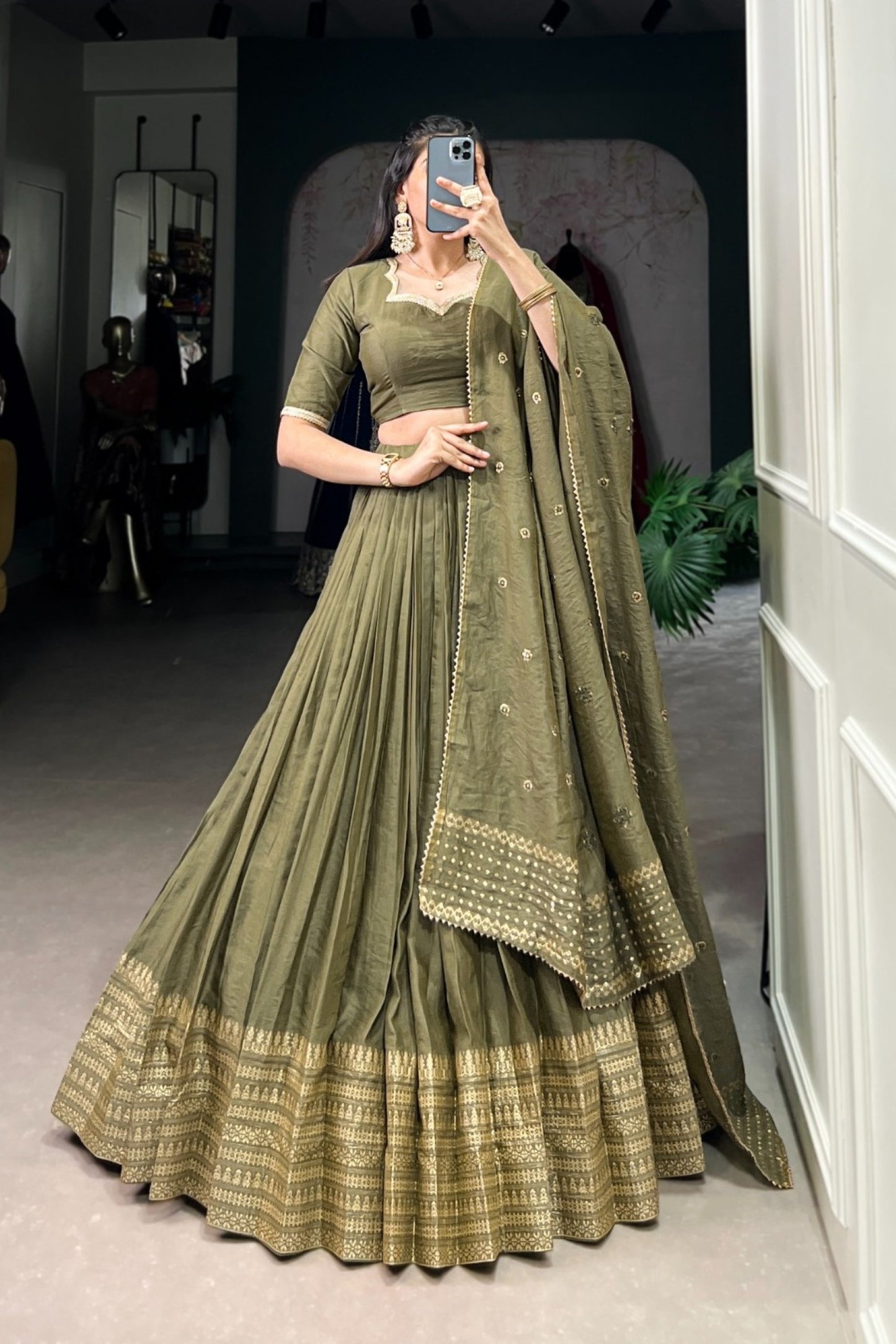 Olive Enchantment Gold-Bordered Pleated Lehenga Set