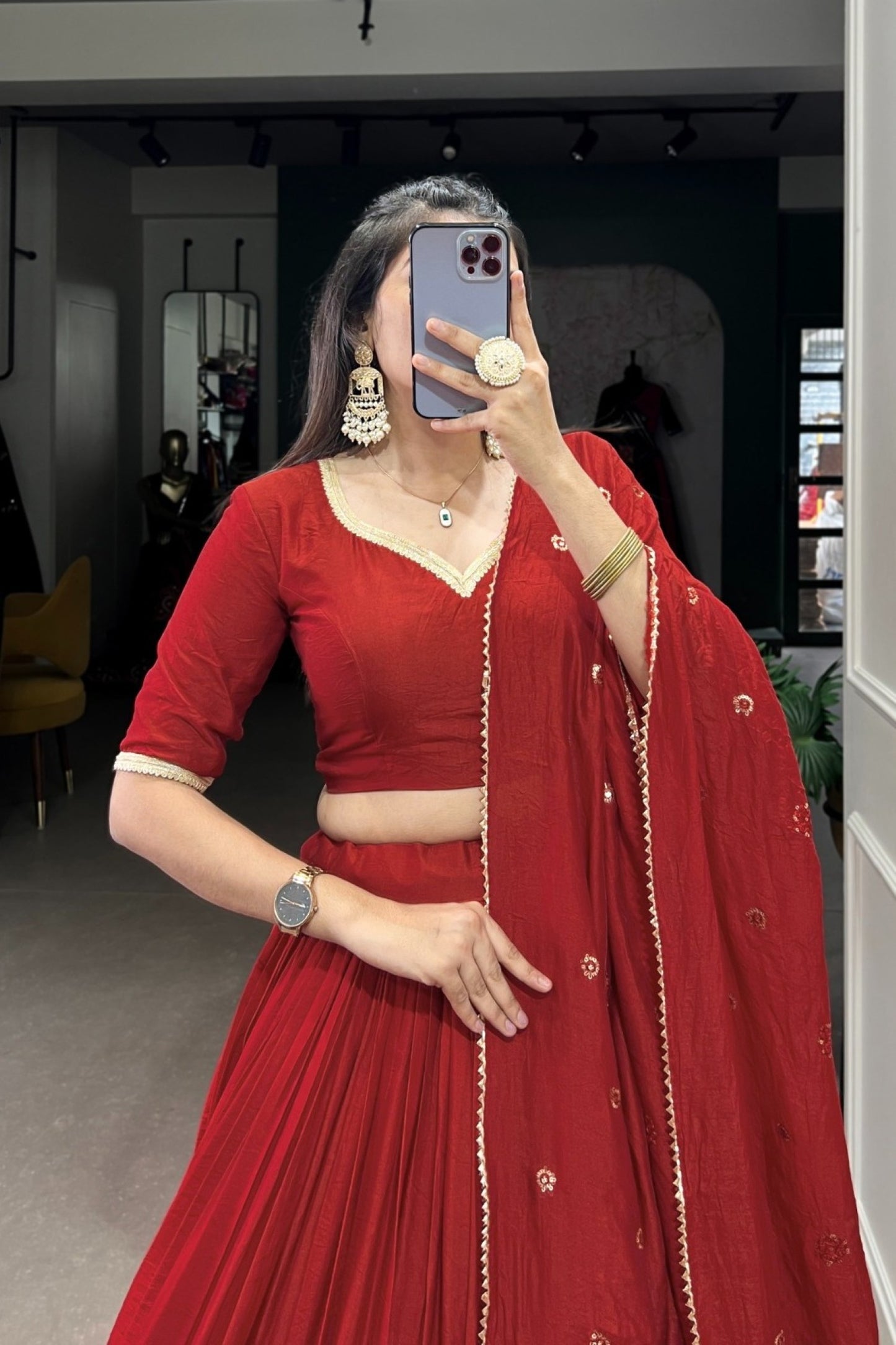 Ruby Crimson Pearl-Bordered Traditional Pleated Lehenga