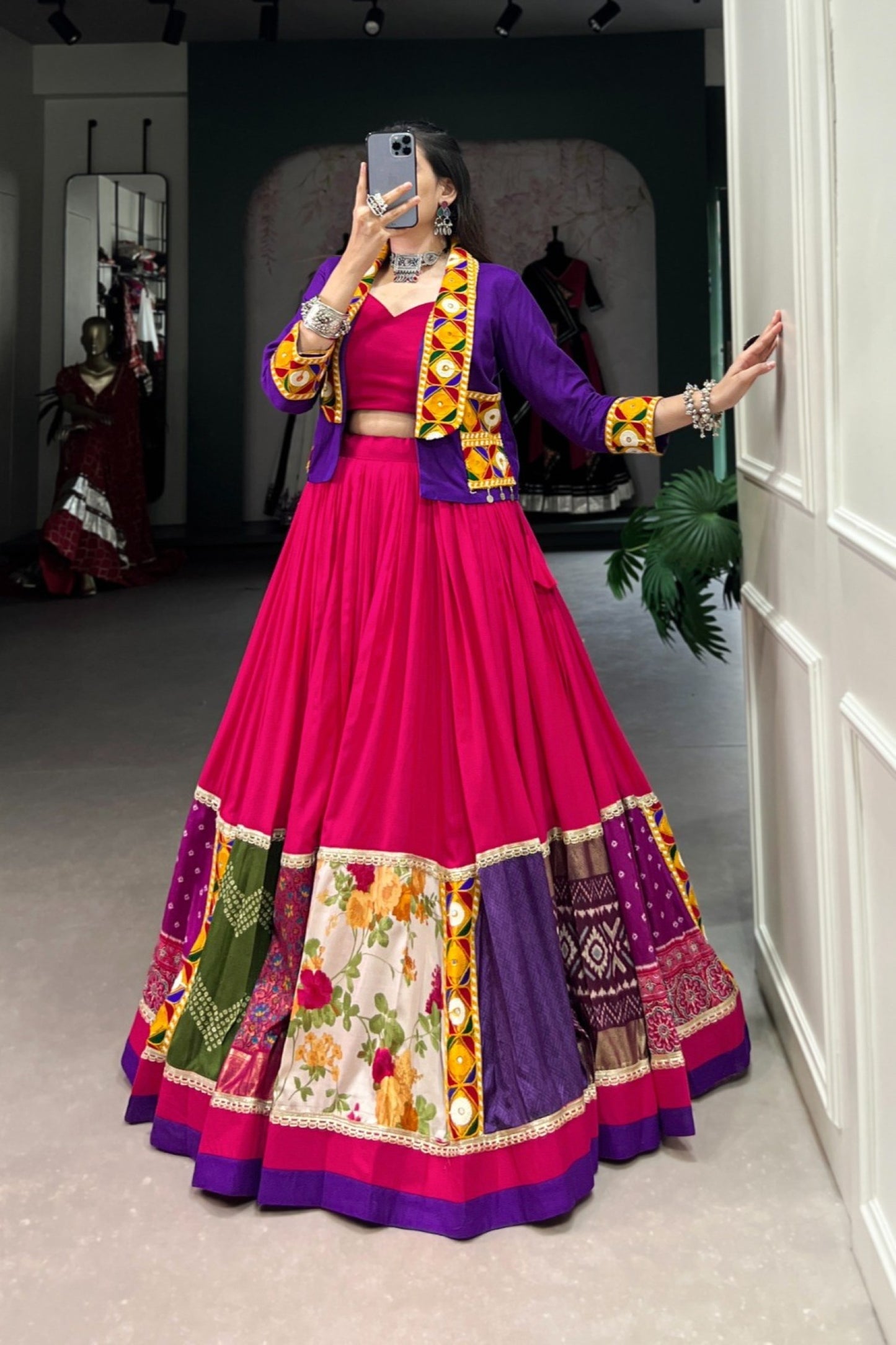 Fuchsia Patchwork Border Purple Jacket Lehenga Set