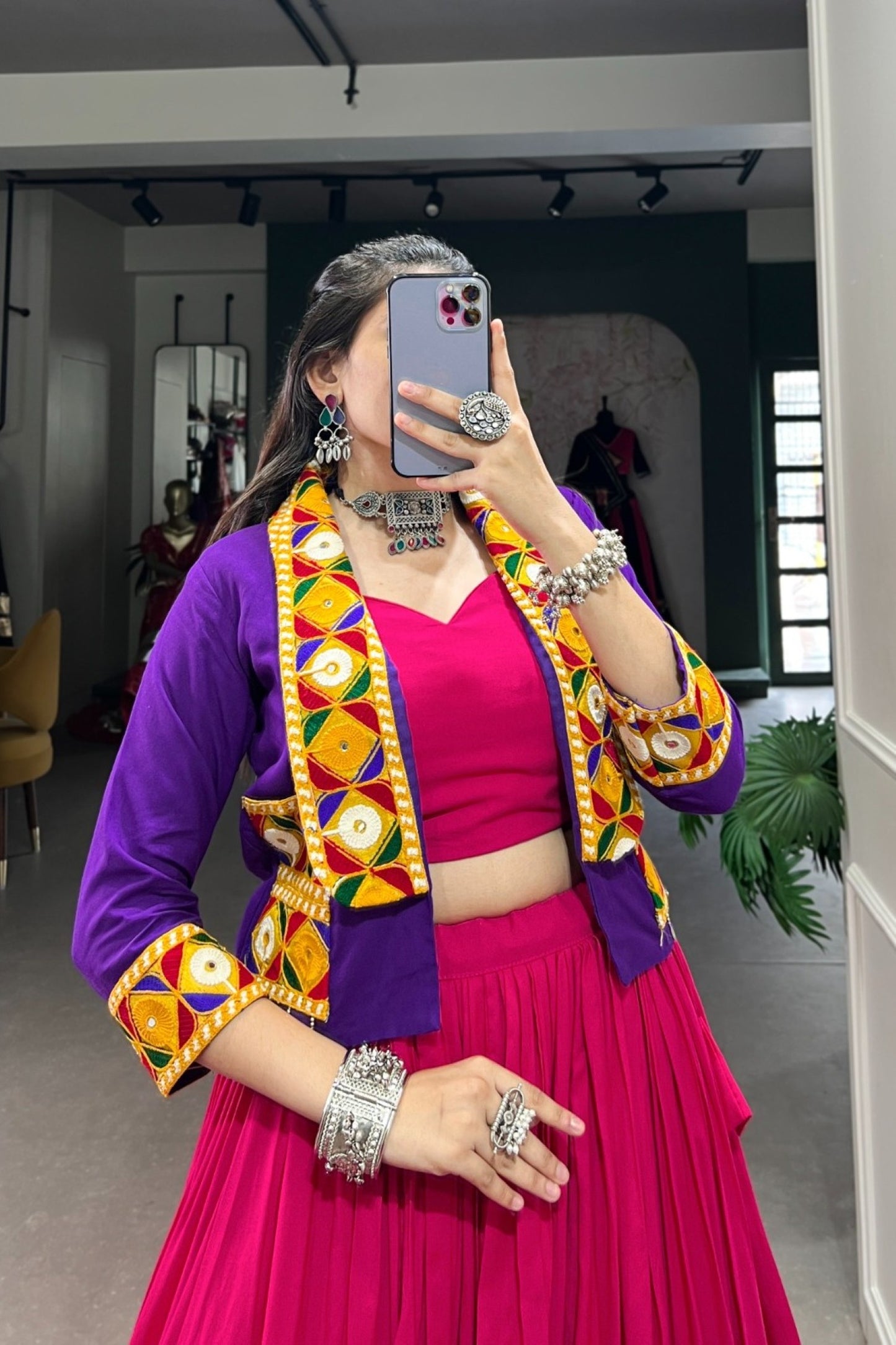 Fuchsia Patchwork Border Purple Jacket Lehenga Set