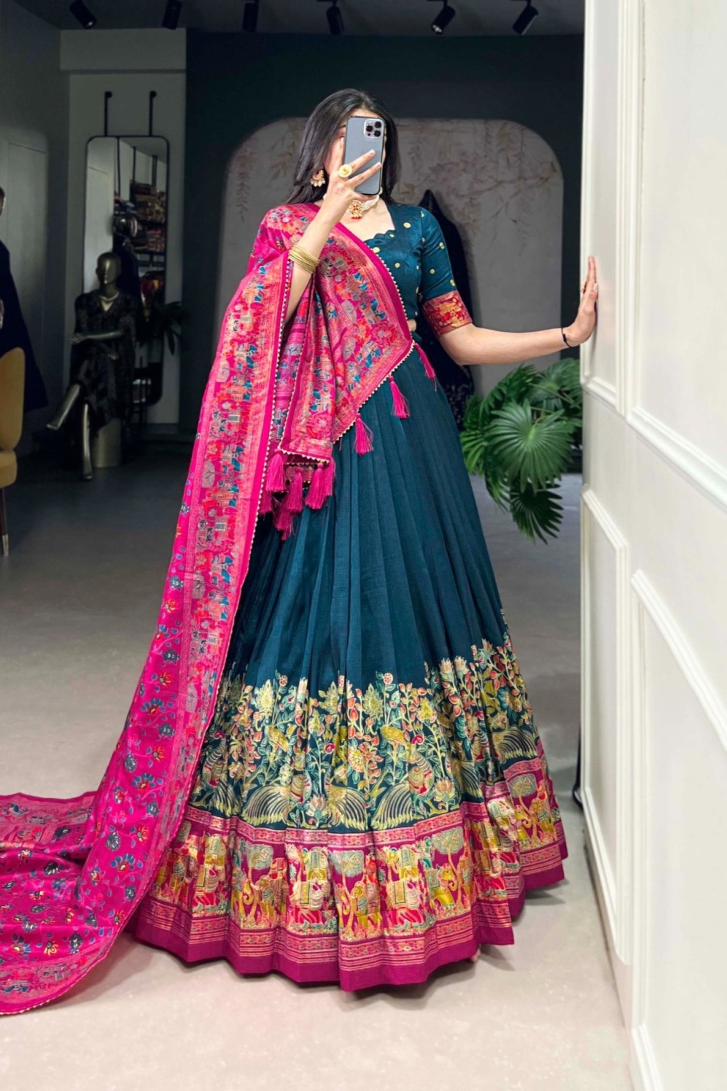 Teal Pink Fusion Floral Border Tassel Dupatta Lehenga
