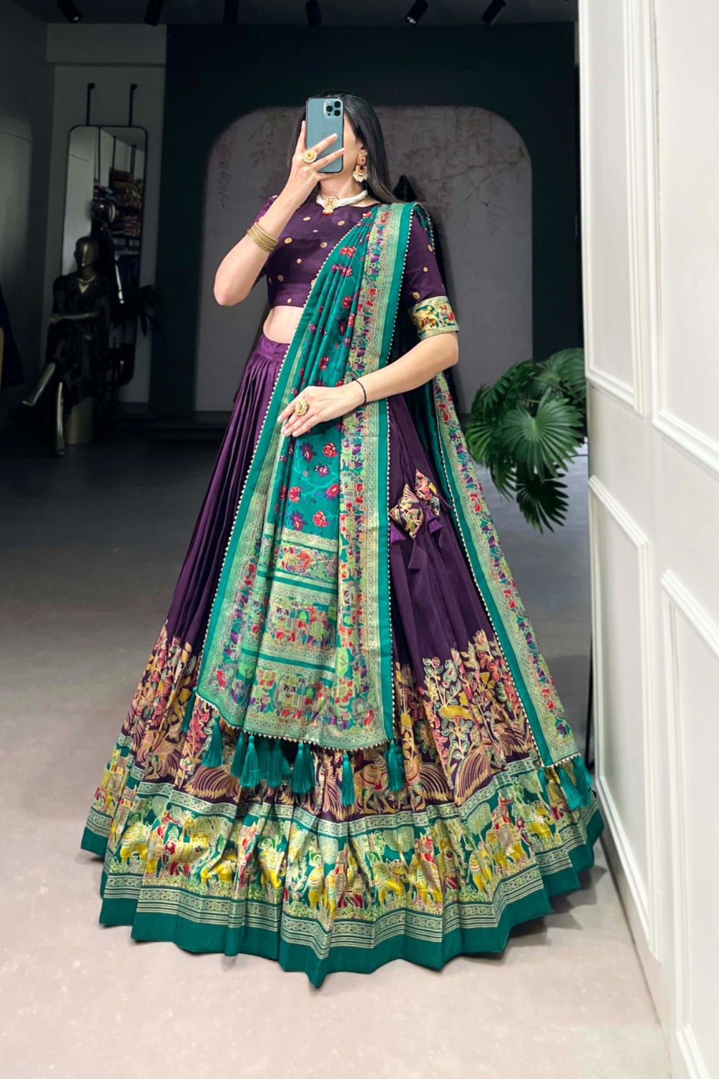 Purple Turquoise Illustrated Border Statement Dupatta Lehenga