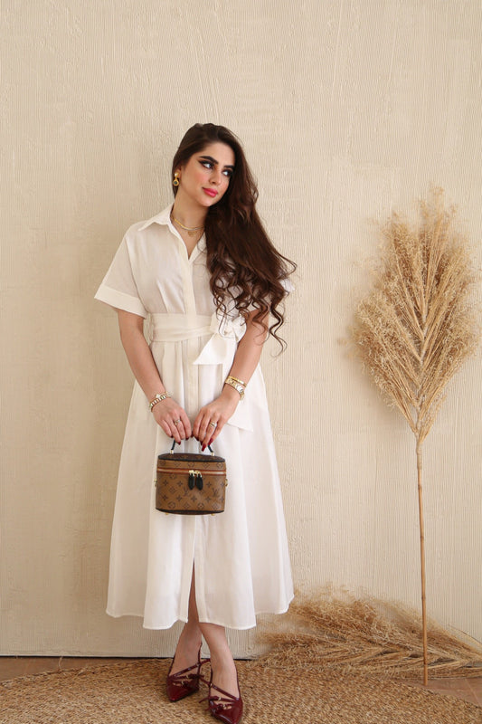Pearl White Flutter Sleeve Dress