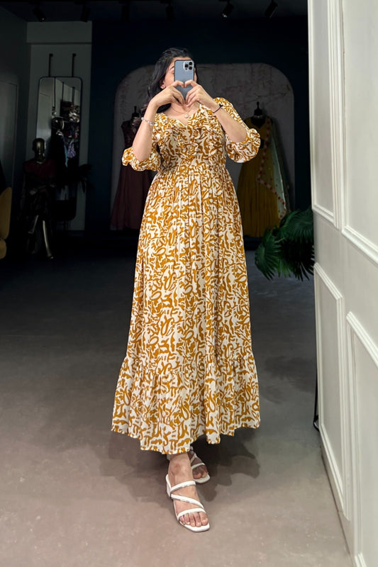Golden Abstract Script Tiered Dress
