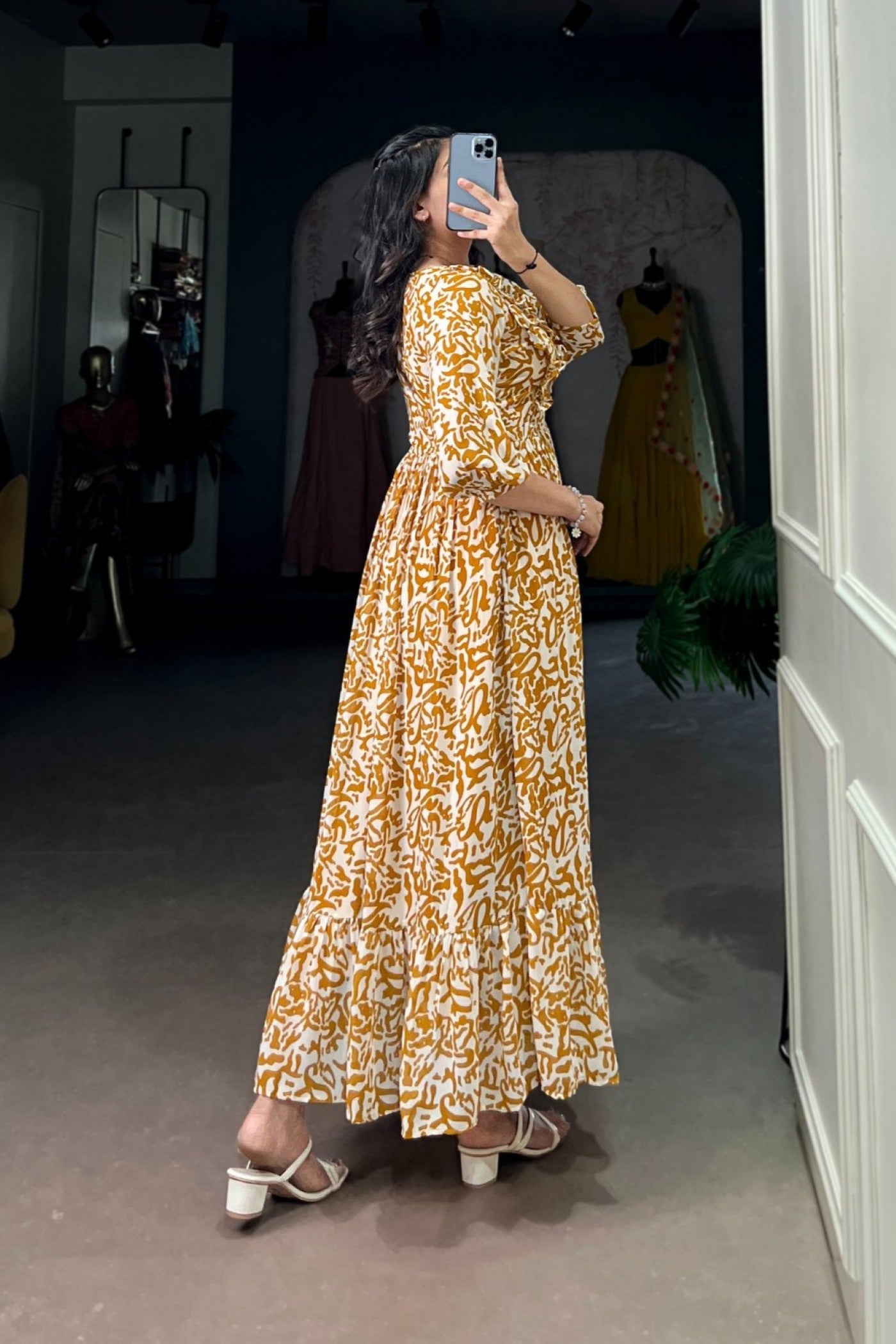 Golden Abstract Script Tiered Dress