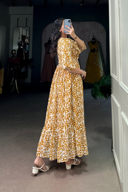 Golden Abstract Script Tiered Dress
