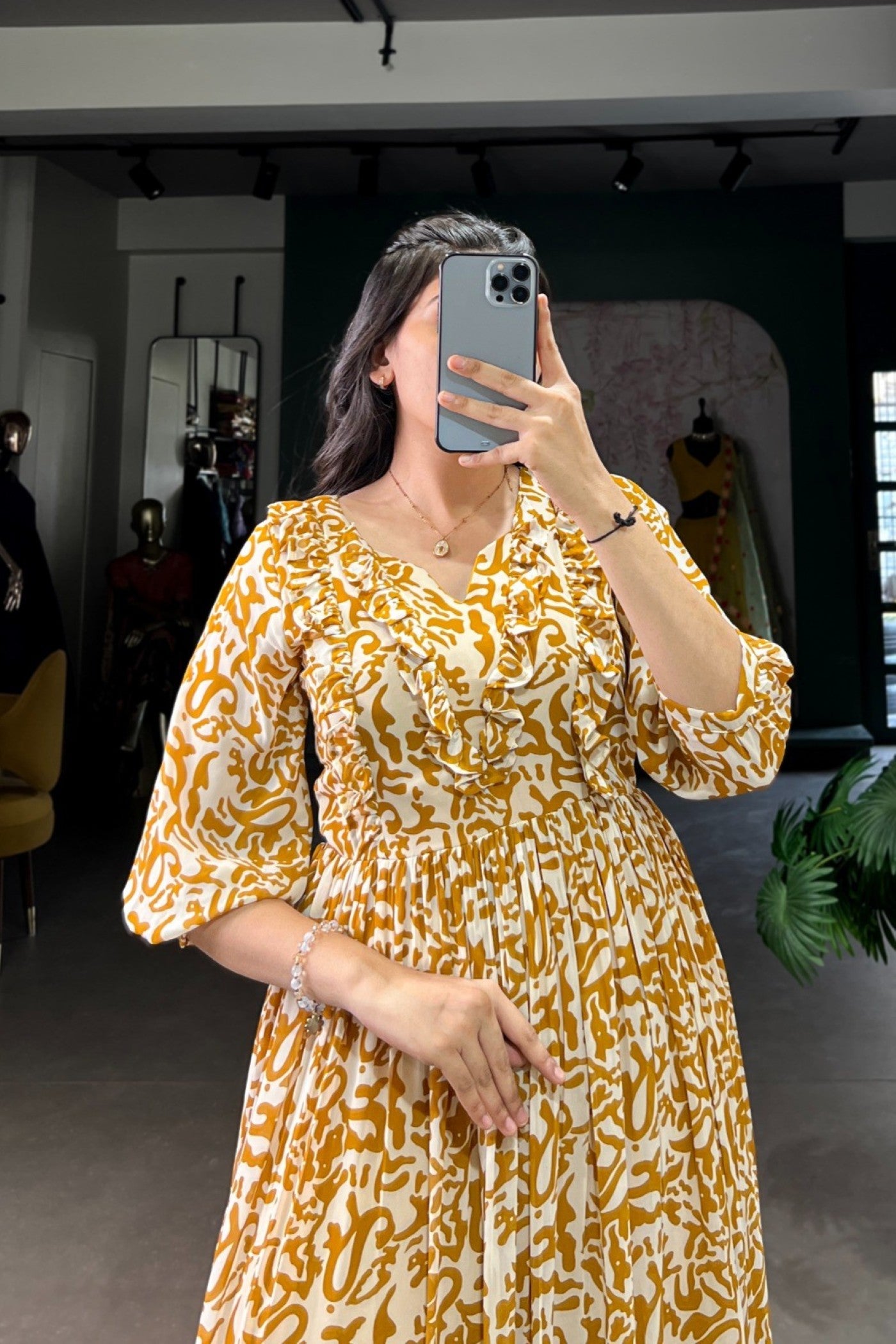 Golden Abstract Script Tiered Dress