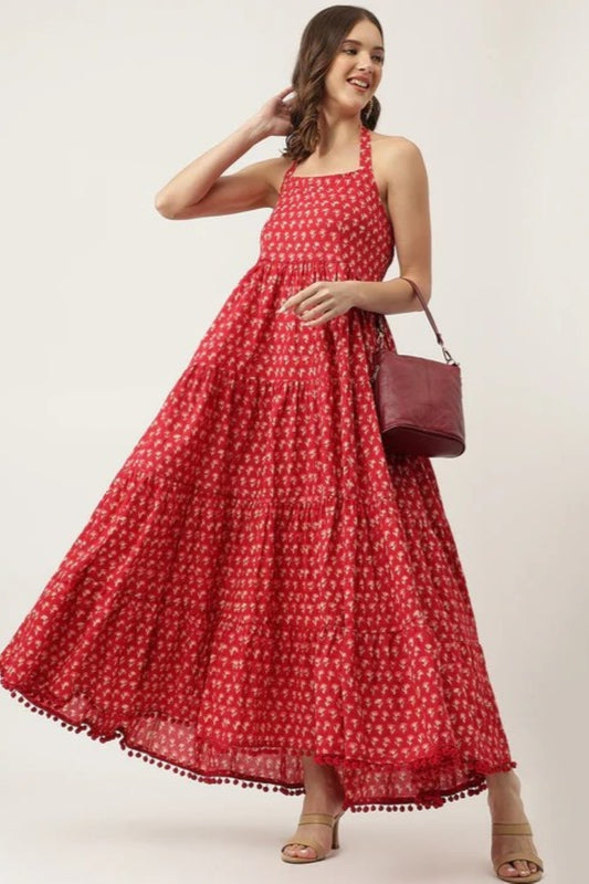 Coral Foliage Pom-Trim Strappy Dress