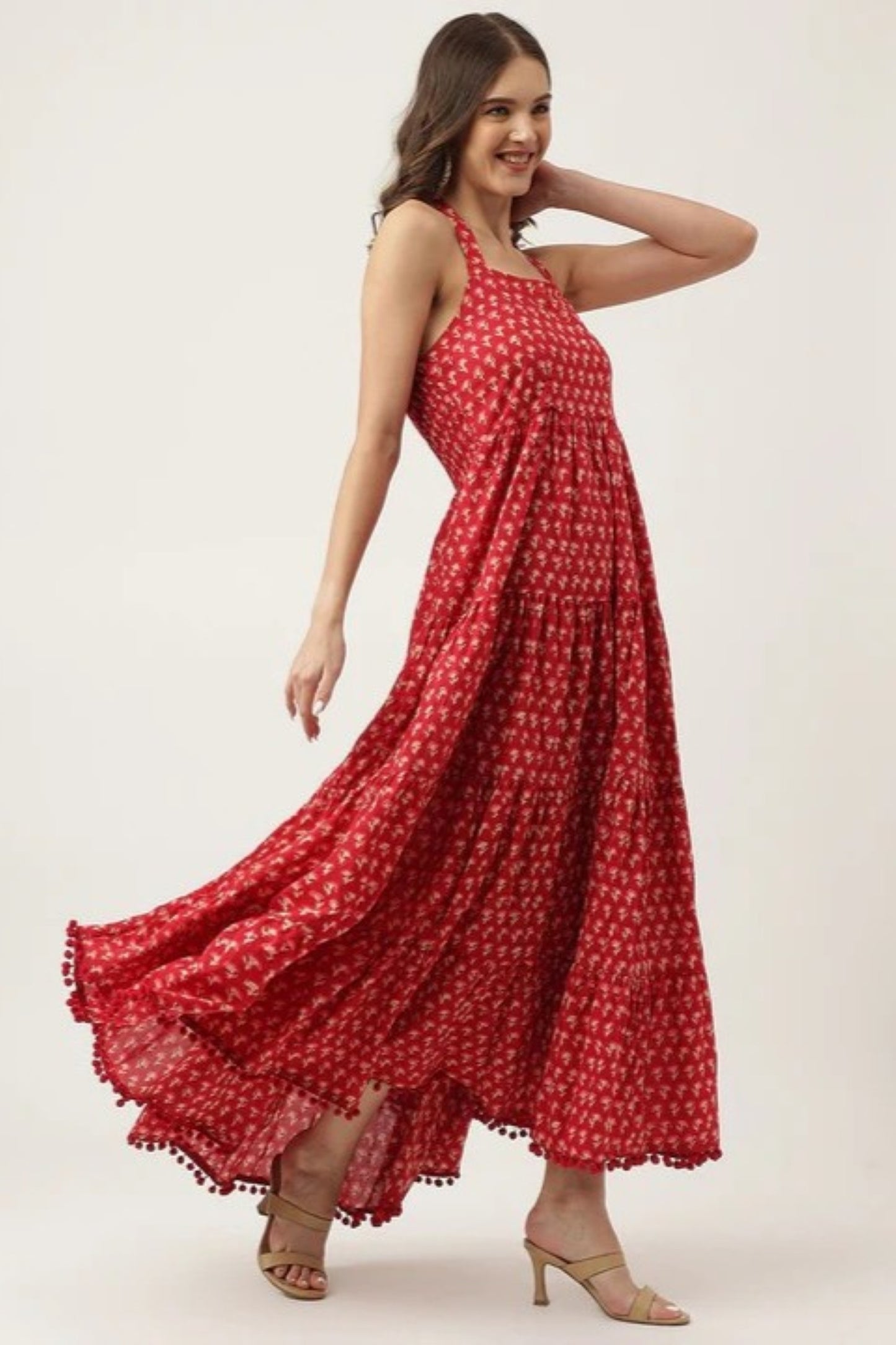Coral Foliage Pom-Trim Strappy Dress