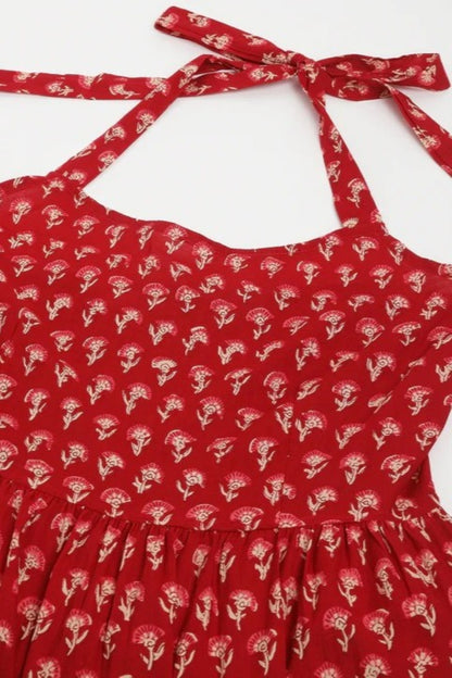 Coral Foliage Pom-Trim Strappy Dress