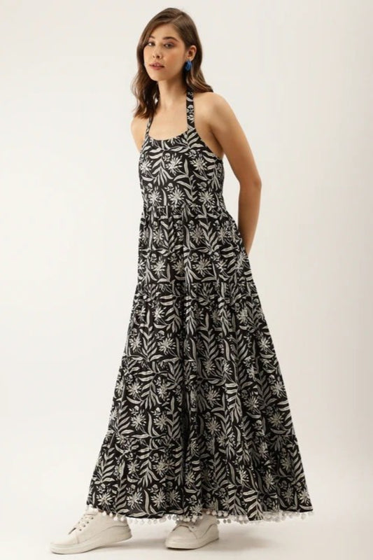 Monochrome Jungle Halter Flared Dress