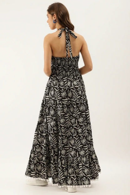 Monochrome Jungle Halter Flared Dress