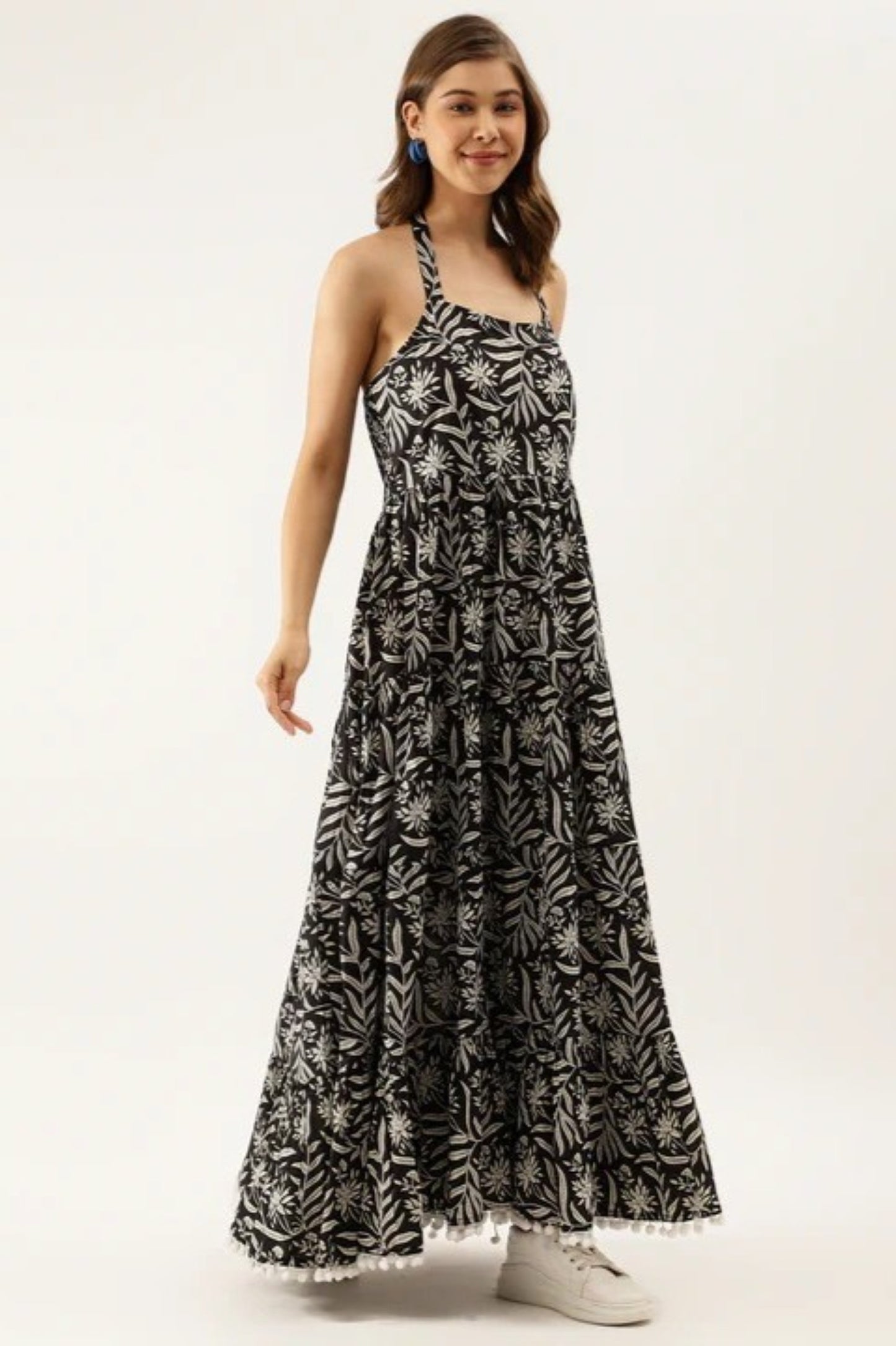 Monochrome Jungle Halter Flared Dress