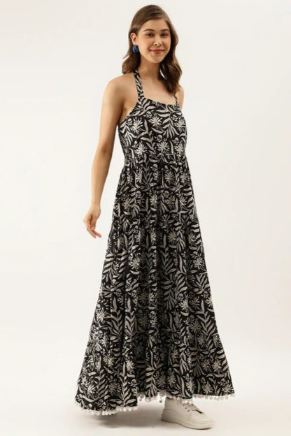 Monochrome Jungle Halter Flared Dress