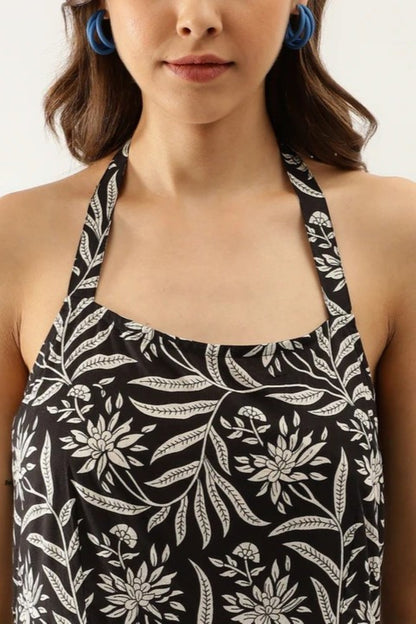 Monochrome Jungle Halter Flared Dress