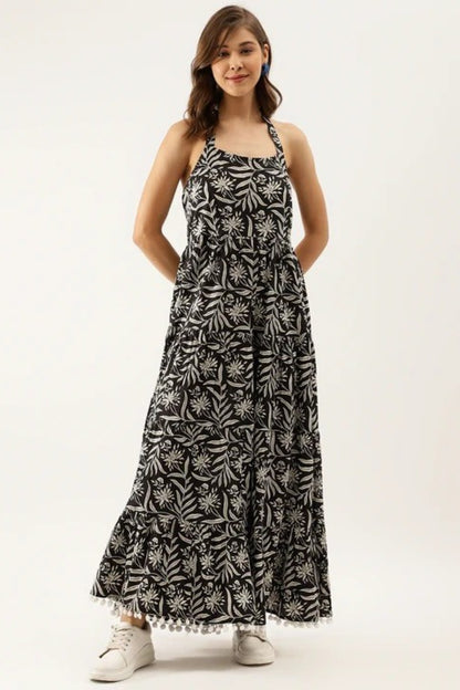 Monochrome Jungle Halter Flared Dress