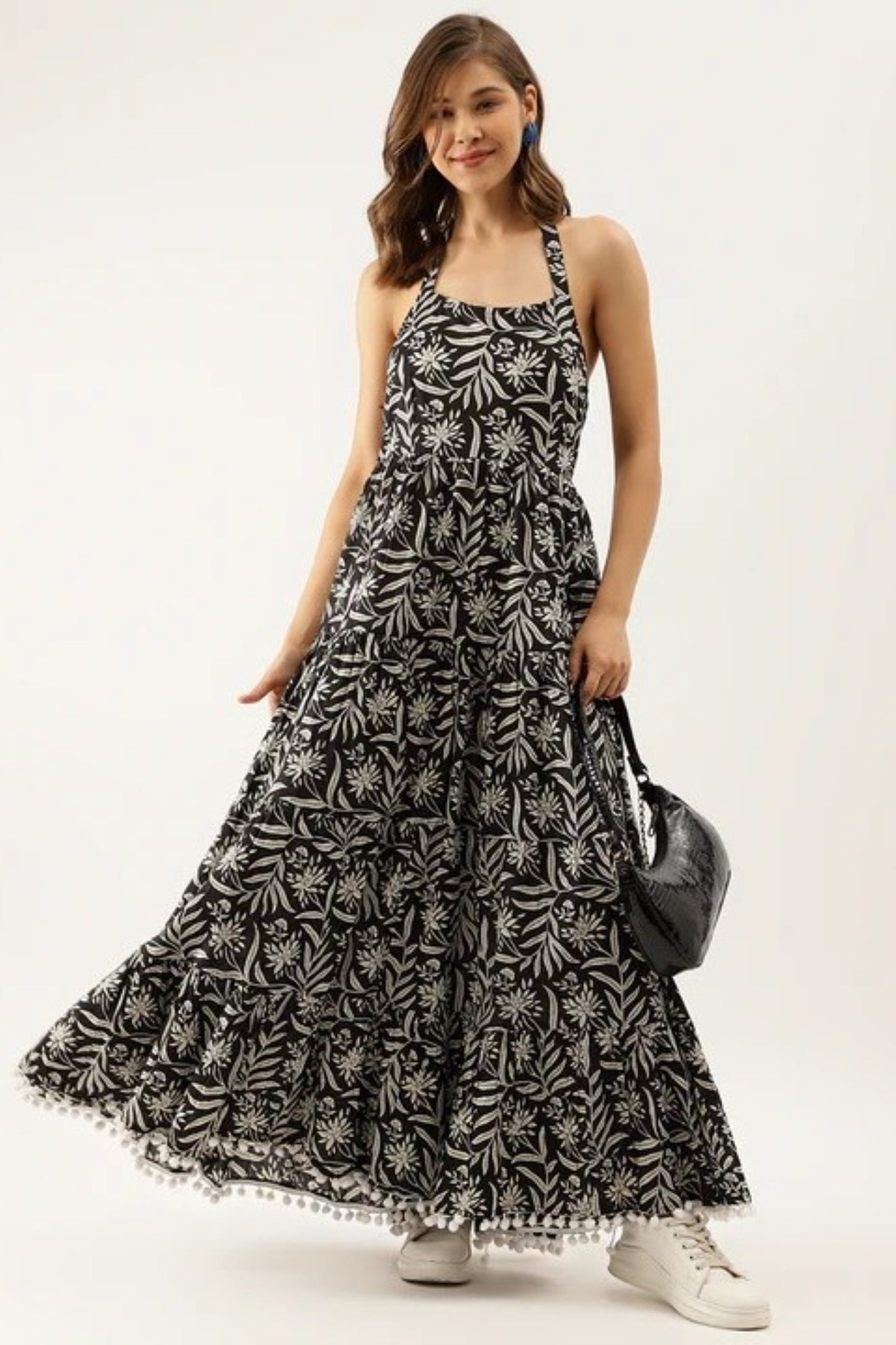 Monochrome Jungle Halter Flared Dress