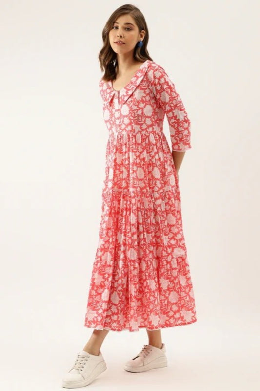 Strawberry Medallion V-Neck Gathered Dress