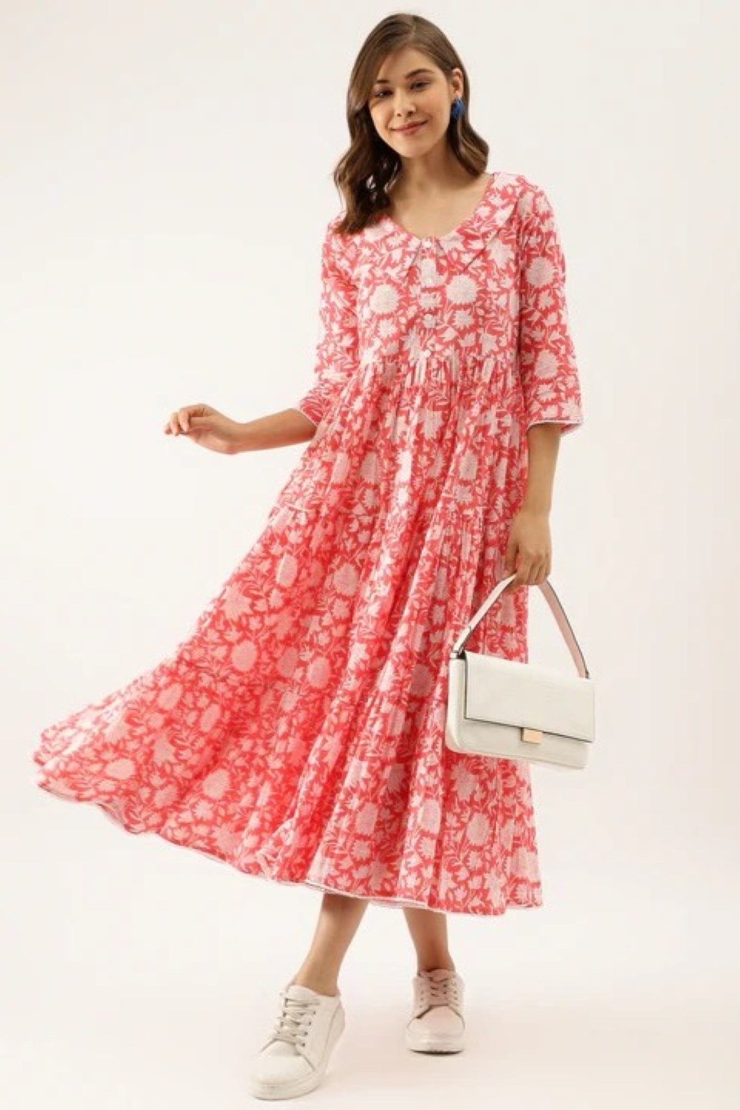 Strawberry Medallion V-Neck Gathered Dress