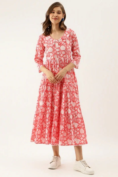 Strawberry Medallion V-Neck Gathered Dress