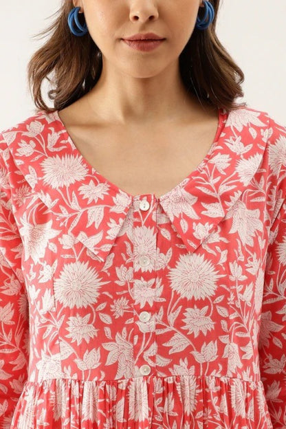 Strawberry Medallion V-Neck Gathered Dress